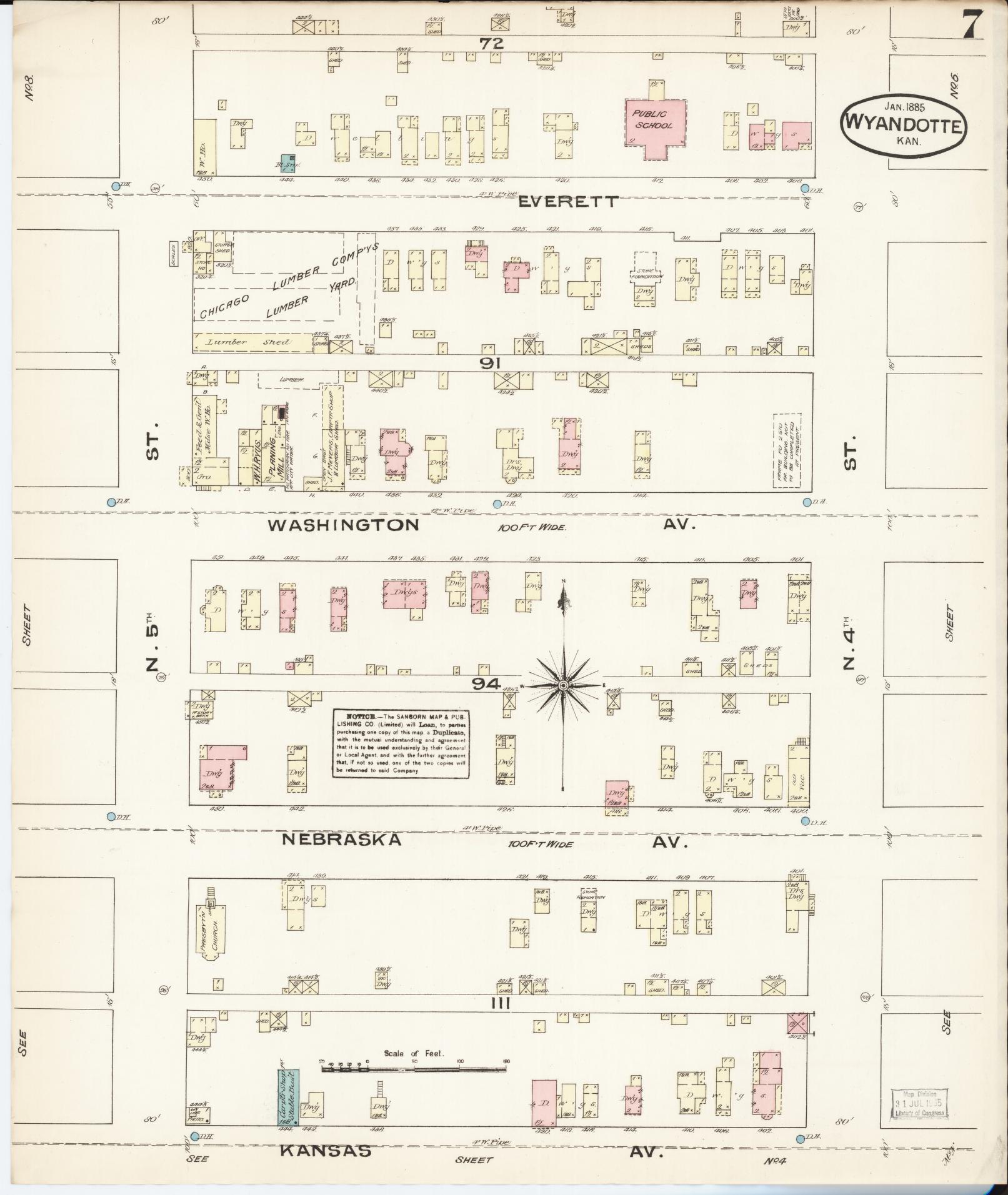 Sanborn Fire Insurance Map from Wyandotte, Wyandotte County, Kansas (1885), Sheet #0007 - Historic Sanborn Fire Insurance Map Print, vintage old map wall art, antique decor, genealogy gift, Kansas Kansas map