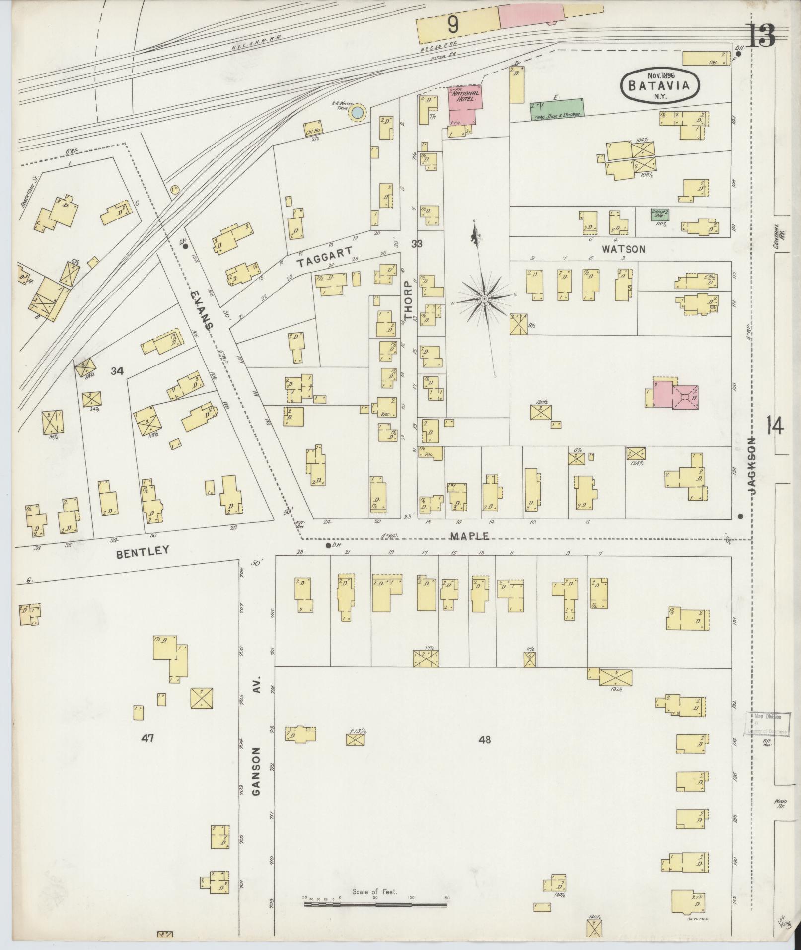 Sanborn Fire Insurance Map from Batavia, Genesee County, New York (1896), Sheet #0013 - Historic Sanborn Fire Insurance Map Print, vintage old map wall art, antique decor, genealogy gift, New York New York map