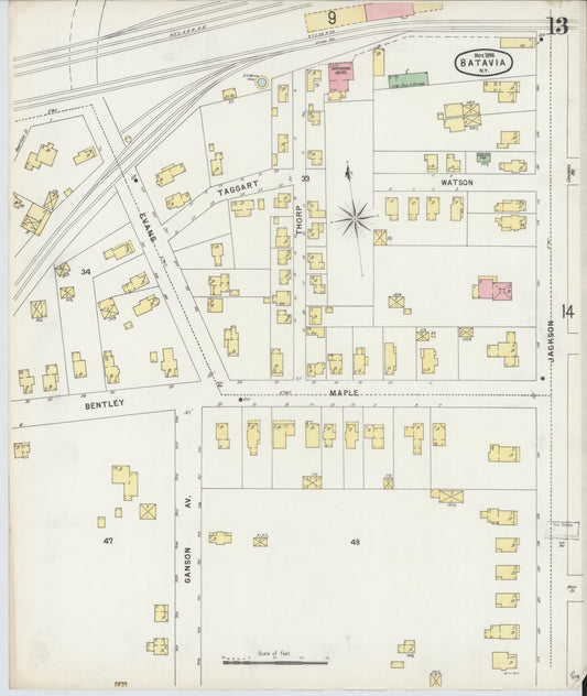 Sanborn Fire Insurance Map from Batavia, Genesee County, New York (1896), Sheet #0013 - Historic Sanborn Fire Insurance Map Print, vintage old map wall art, antique decor, genealogy gift, New York New York map