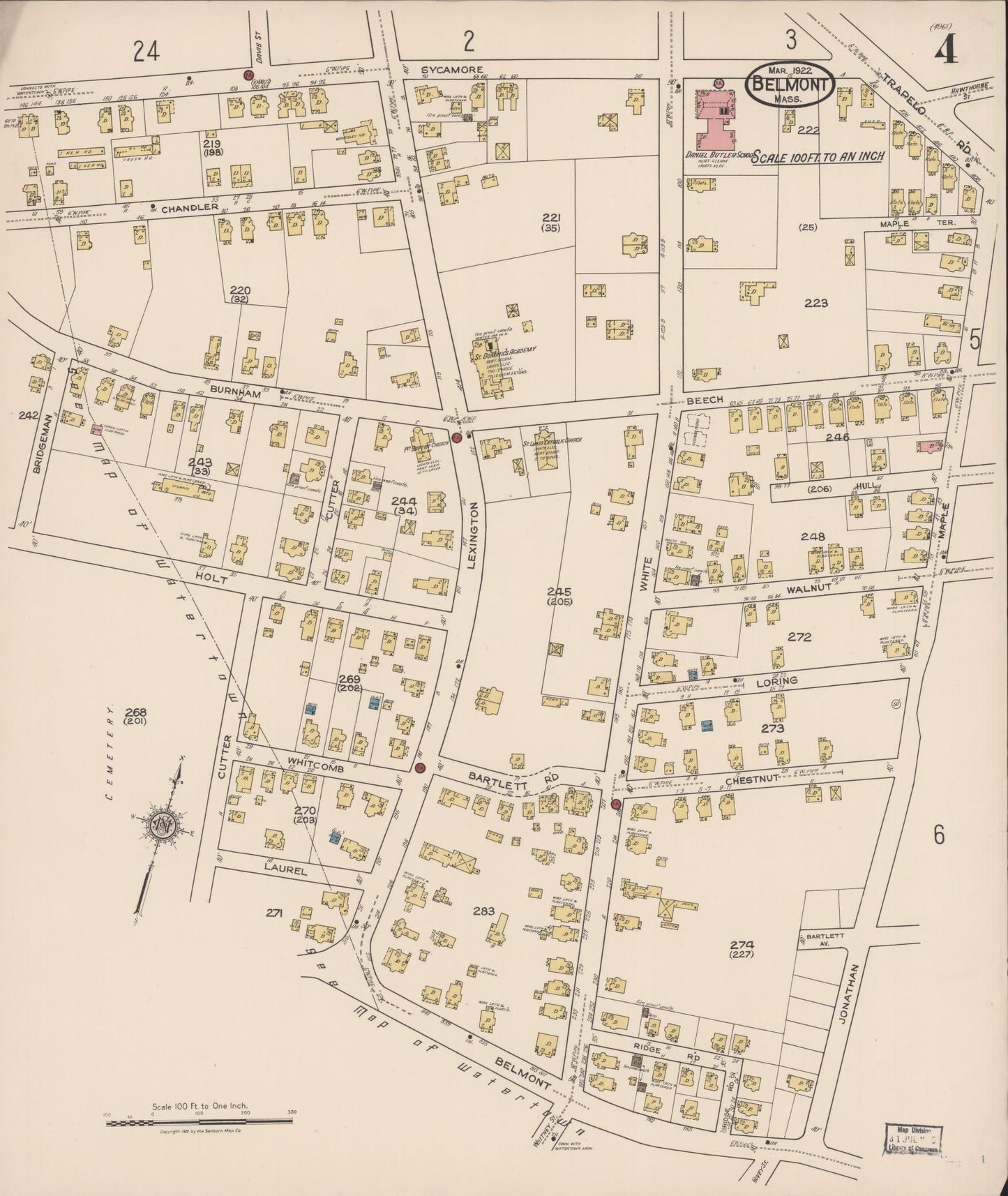 Sanborn Fire Insurance Map from Belmont, Middlesex County, Massachusetts (1922), Sheet #0004 - Historic Sanborn Fire Insurance Map Print, vintage old map wall art, antique decor, genealogy gift, Massachusetts Massachusetts map