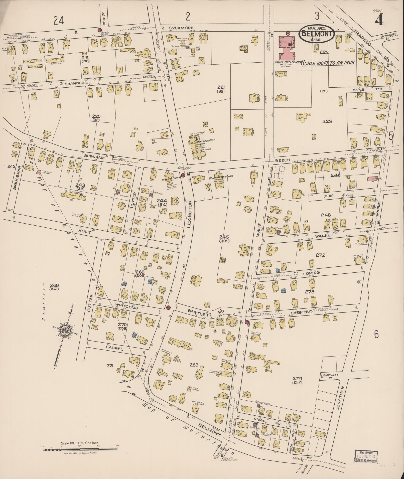 Sanborn Fire Insurance Map from Belmont, Middlesex County, Massachusetts (1922), Sheet #0004 - Historic Sanborn Fire Insurance Map Print, vintage old map wall art, antique decor, genealogy gift, Massachusetts Massachusetts map