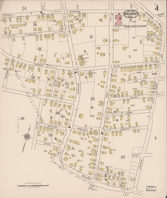 Sanborn Fire Insurance Map from Belmont, Middlesex County, Massachusetts (1922), Sheet #0004 - Historic Sanborn Fire Insurance Map Print, vintage old map wall art, antique decor, genealogy gift, Massachusetts Massachusetts map