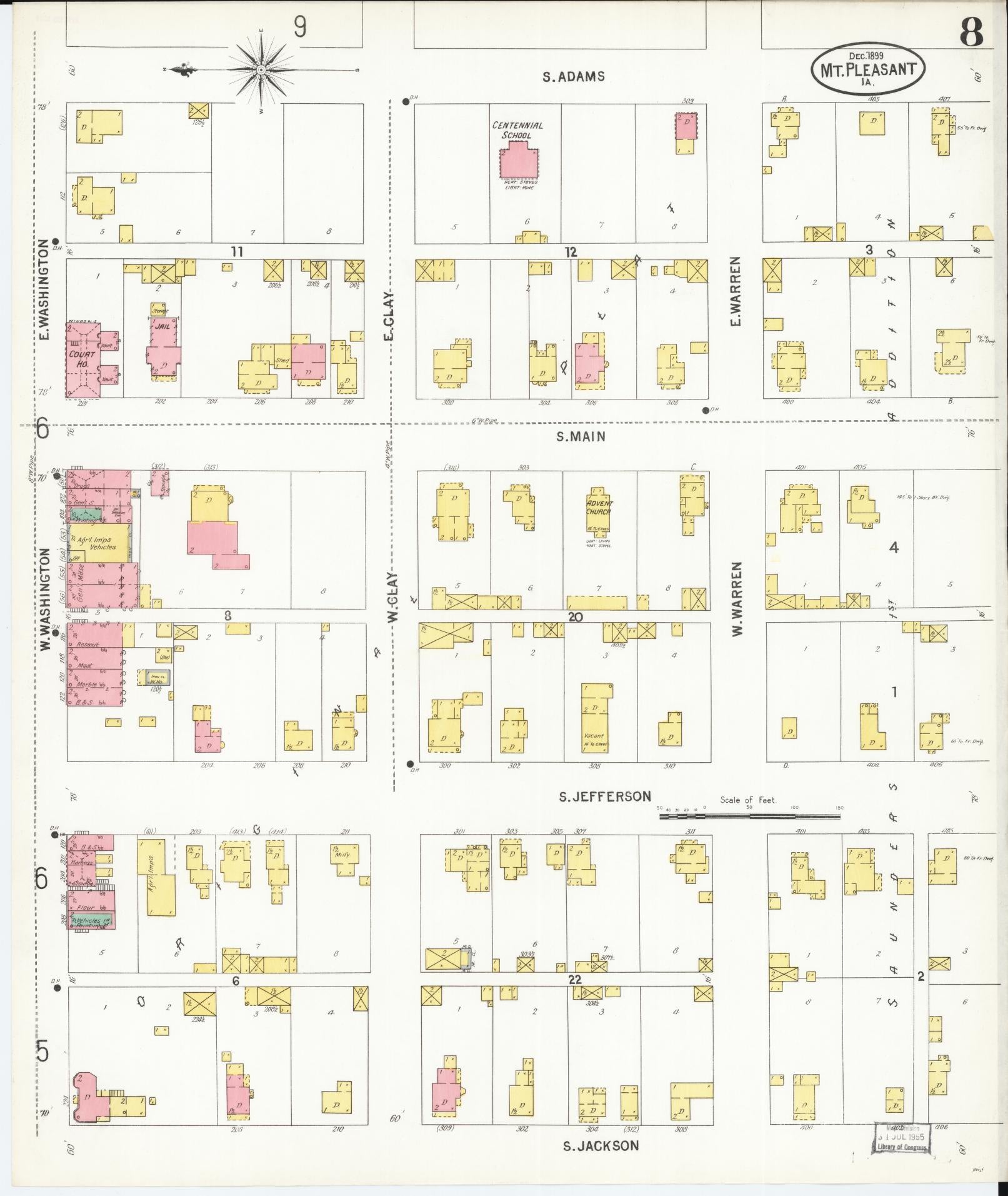 Sanborn Fire Insurance Map from Mount Pleasant, Henry County, Iowa (1899), Sheet #0008 - Historic Sanborn Fire Insurance Map Print, vintage old map wall art