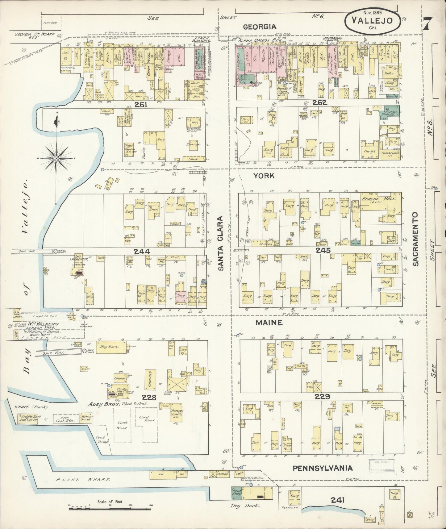 Sanborn Fire Insurance Map from Vallejo, Solano County, California (1889), Sheet #0007 - Complete Map Set gallery image, historic Sanborn map, vintage wall art, California California