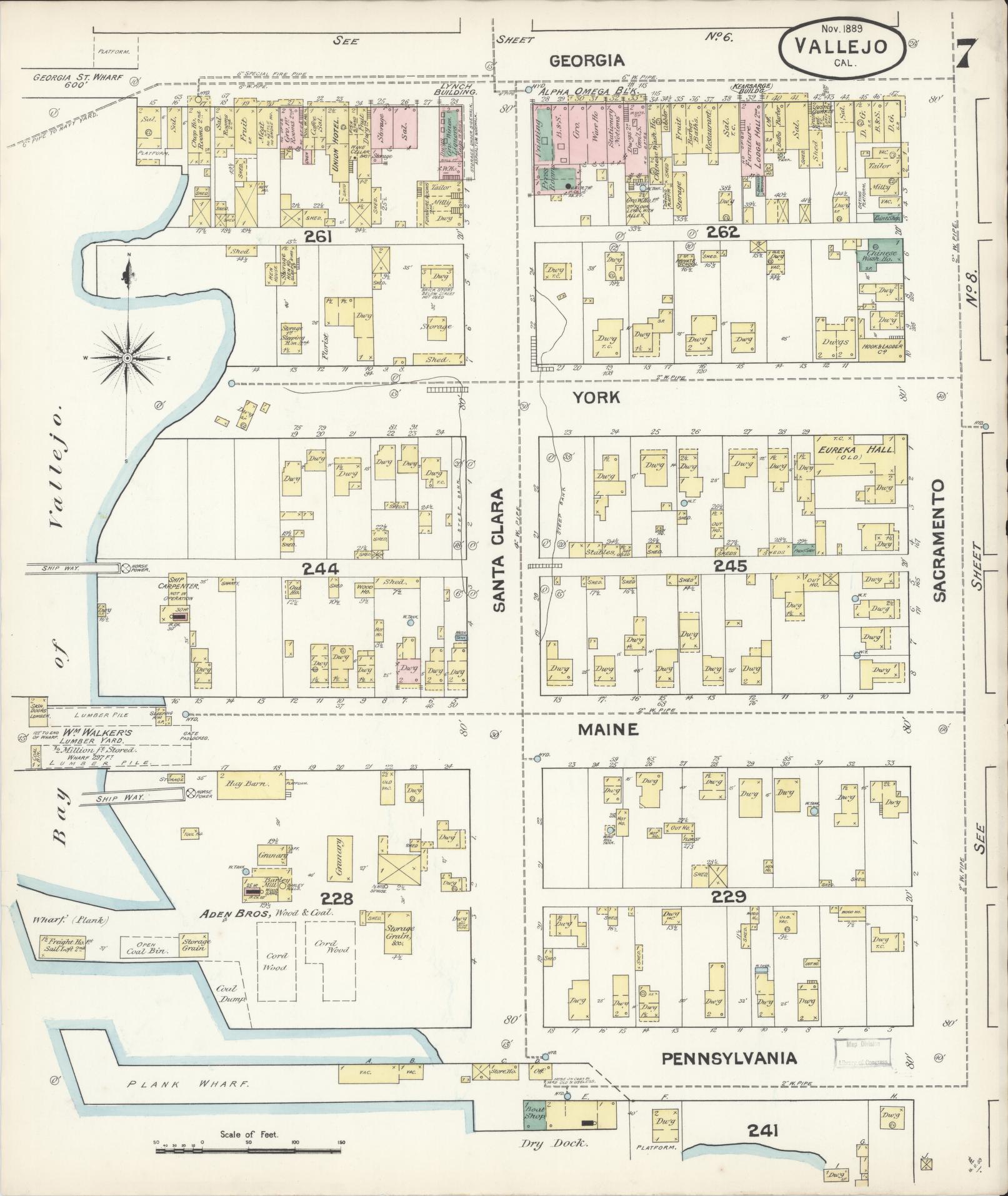 Sanborn Fire Insurance Map from Vallejo, Solano County, California (1889), Sheet #0007 - Complete Map Set gallery image, historic Sanborn map, vintage wall art, California California