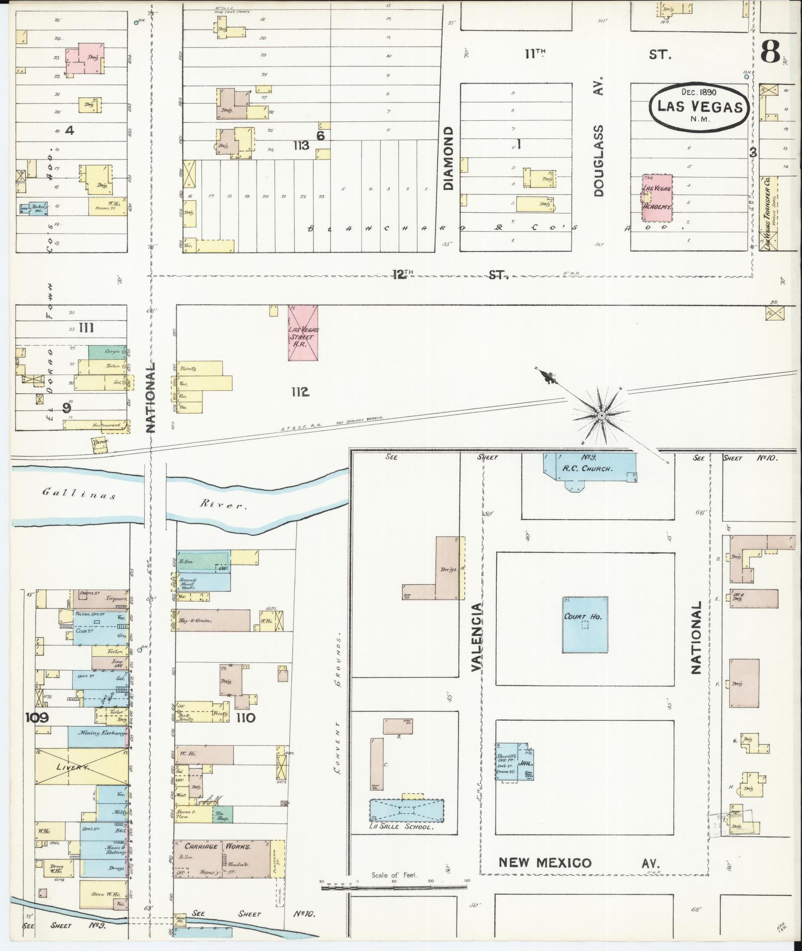 Sanborn Fire Insurance Map from Las Vegas, San Miguel County, New Mexico (1890), Sheet #0008 - Historic Sanborn Fire Insurance Map Print, vintage old map wall art, antique decor, genealogy gift, New Mexico New Mexico map