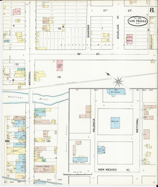 Sanborn Fire Insurance Map from Las Vegas, San Miguel County, New Mexico (1890), Sheet #0008 - Historic Sanborn Fire Insurance Map Print, vintage old map wall art, antique decor, genealogy gift, New Mexico New Mexico map