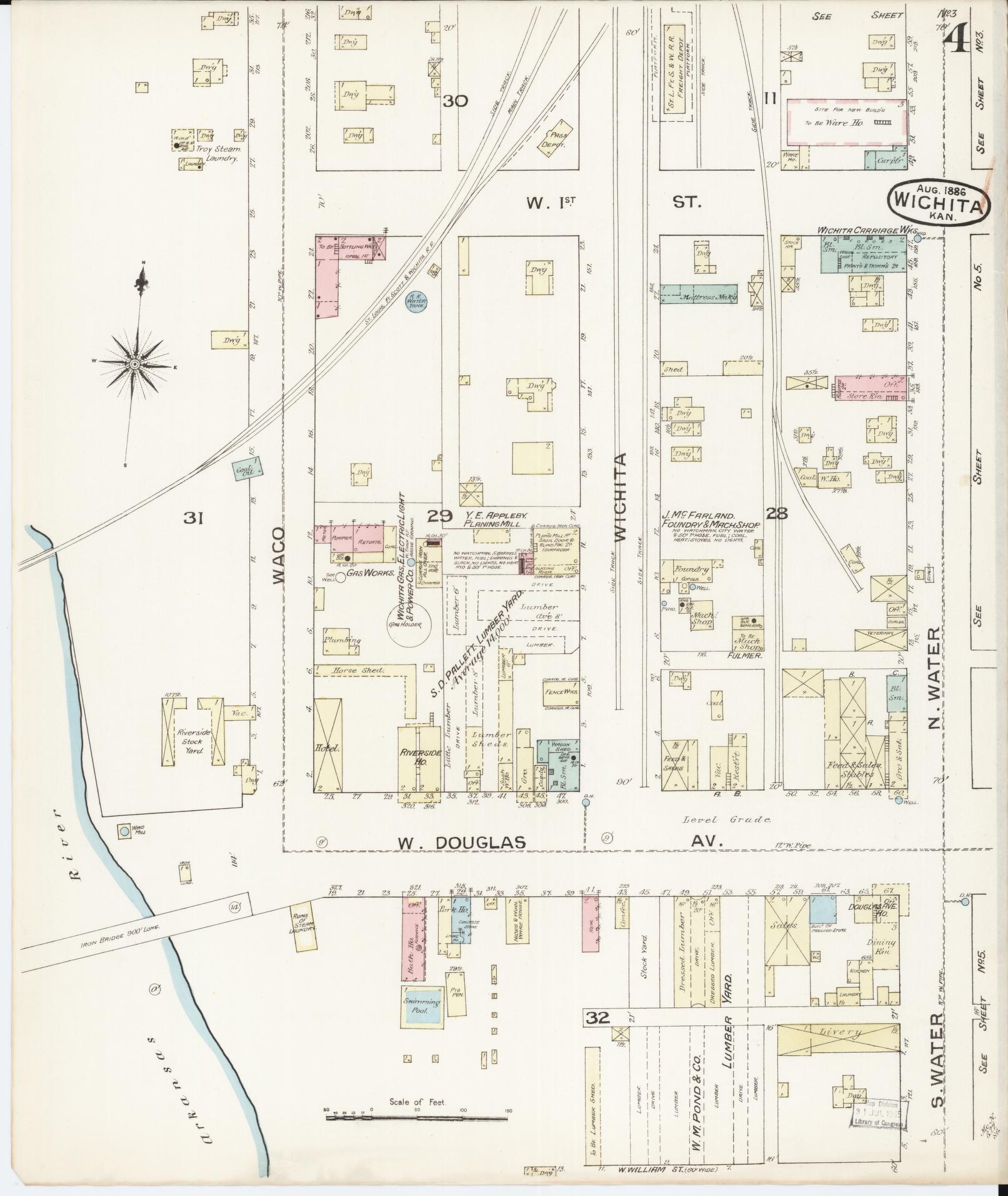 Sanborn Fire Insurance Map from Wichita, Sedgwick County, Kansas (1886), Sheet #0004 - Complete Map Set gallery image, historic Sanborn map, vintage wall art, Kansas Kansas