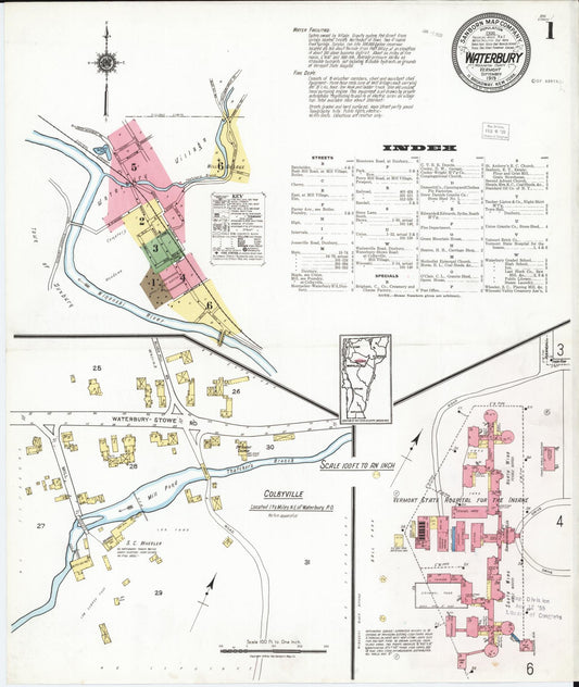 Sanborn Fire Insurance Map from Waterbury, Washington County, Vermont (1919), Sheet #0001 - Historic Sanborn Fire Insurance Map Print, vintage old map wall art, antique decor, genealogy gift, Vermont Vermont map