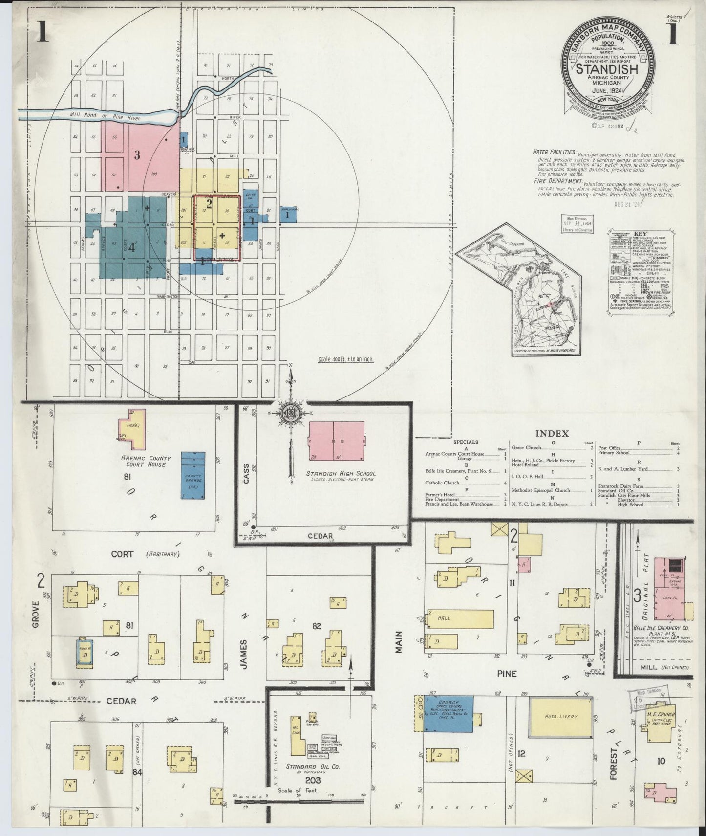 Sanborn Fire Insurance Map from Standish, Arenac County, Michigan (1924), Sheet #0001 - Historic Sanborn Fire Insurance Map Print, vintage old map wall art, antique decor, genealogy gift, Michigan Michigan map