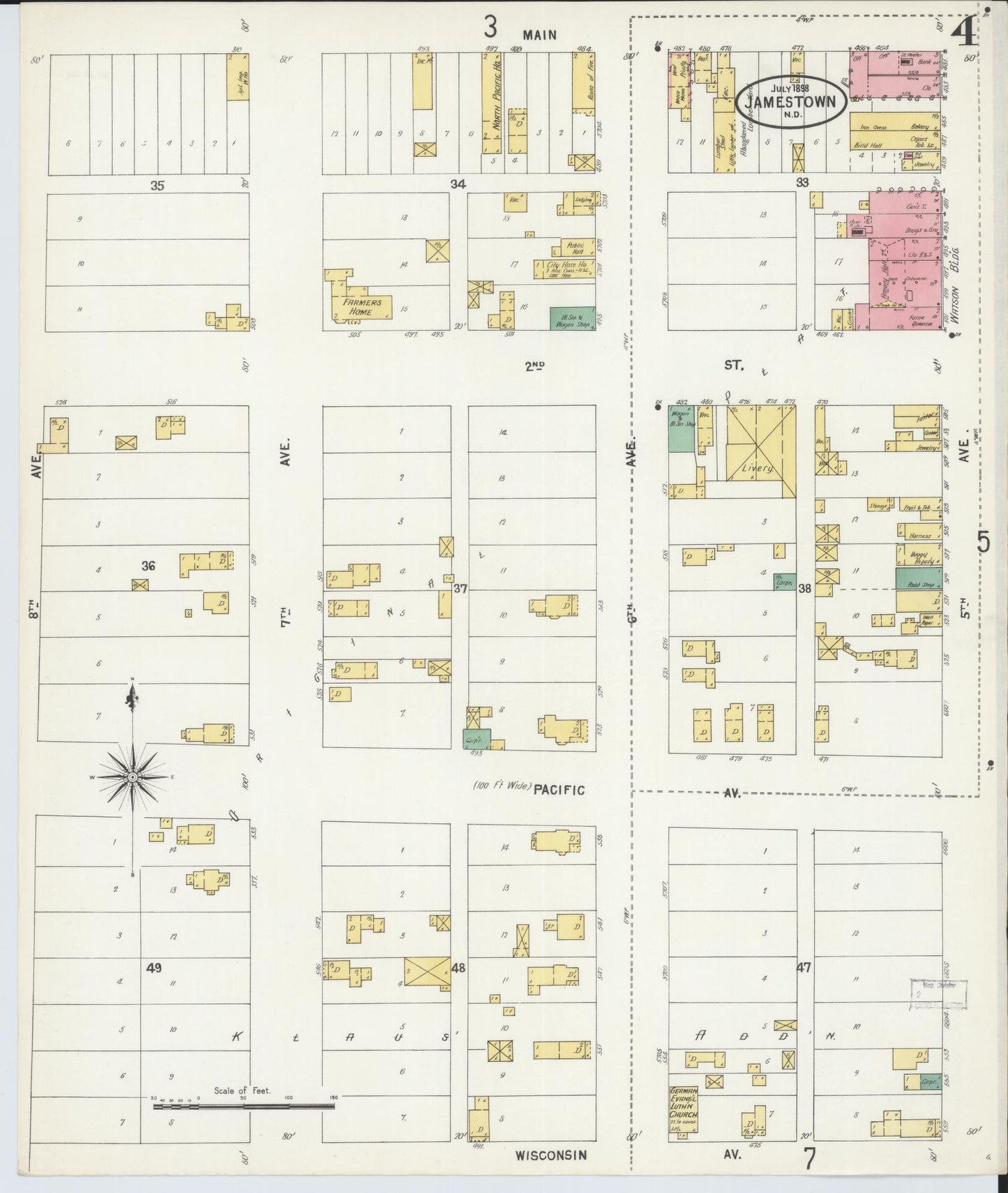 Sanborn Fire Insurance Map from Jamestown, Stutsman County, North Dakota (1898), Sheet #0004 - Historic Sanborn Fire Insurance Map Print, vintage old map wall art, antique decor, genealogy gift, North Dakota North Dakota map
