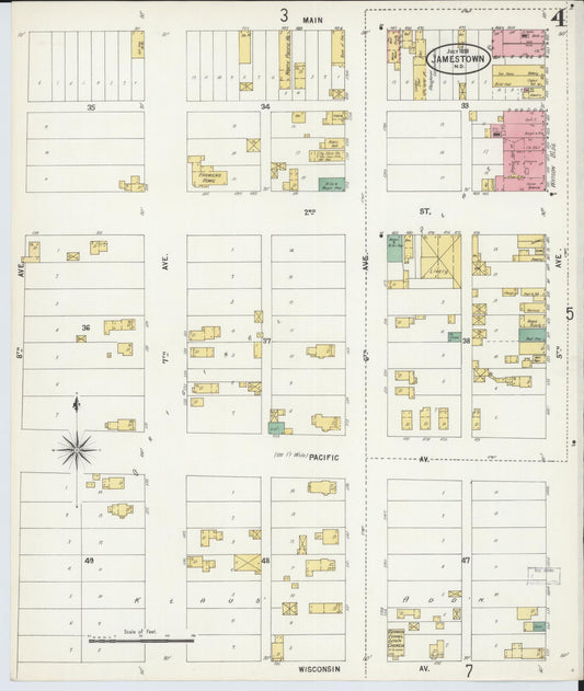 Sanborn Fire Insurance Map from Jamestown, Stutsman County, North Dakota (1898), Sheet #0004 - Historic Sanborn Fire Insurance Map Print, vintage old map wall art, antique decor, genealogy gift, North Dakota North Dakota map
