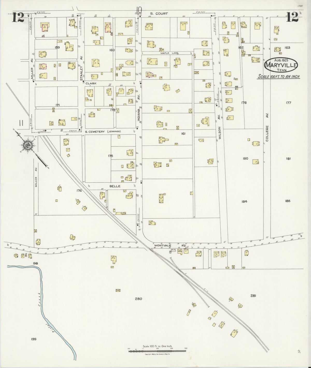 Sanborn Fire Insurance Map from Maryville, Blount County, Tennessee (1925), Sheet #0012 - Historic Sanborn Fire Insurance Map Print, vintage old map wall art, antique decor, genealogy gift, Tennessee Tennessee map