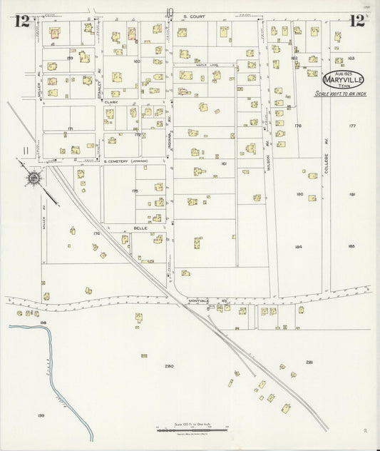 Sanborn Fire Insurance Map from Maryville, Blount County, Tennessee (1925), Sheet #0012 - Historic Sanborn Fire Insurance Map Print, vintage old map wall art, antique decor, genealogy gift, Tennessee Tennessee map