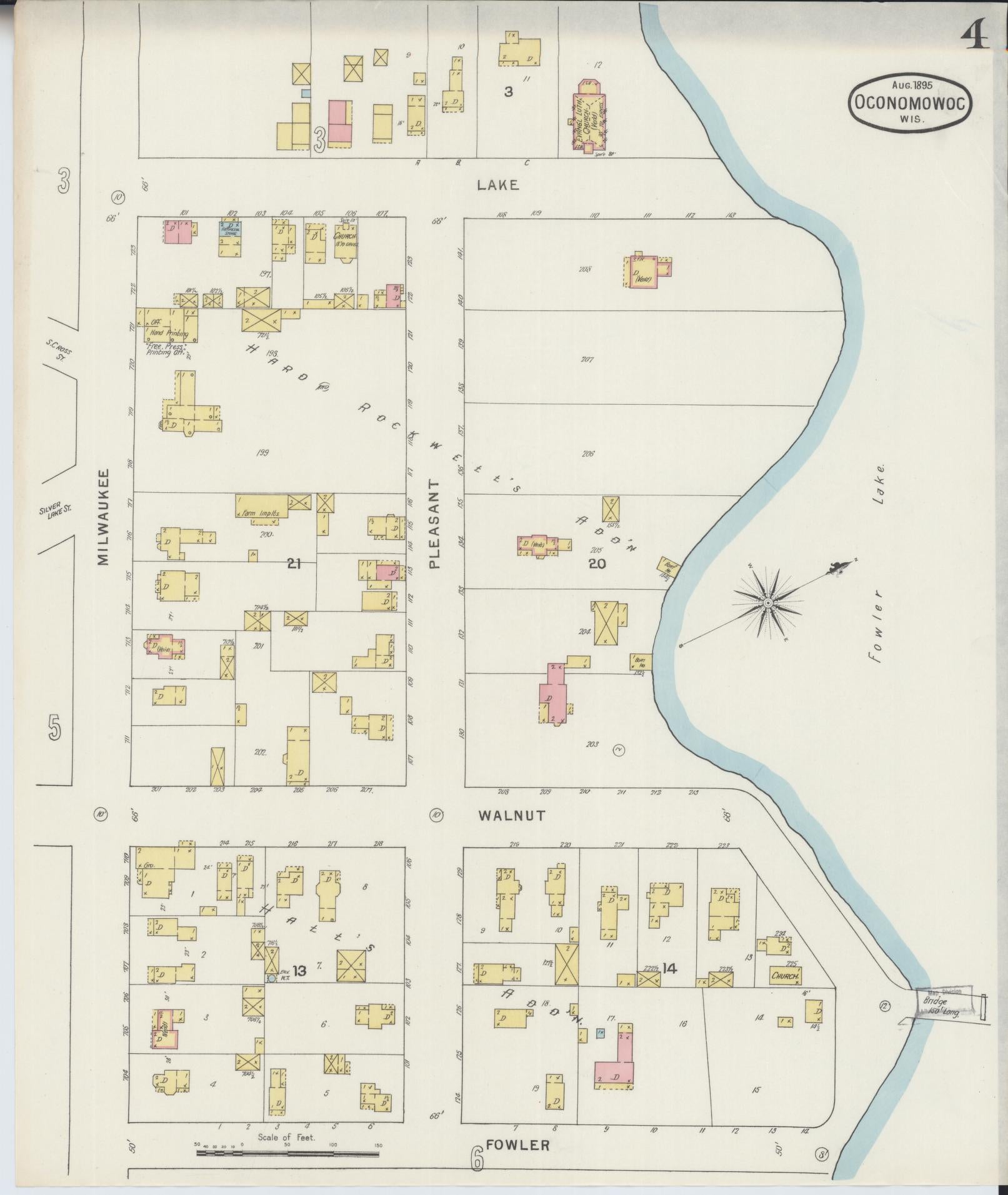 Sanborn Fire Insurance Map from Oconomowoc, Waukesha County, Wisconsin (1895), Sheet #0004 - Historic Sanborn Fire Insurance Map Print, vintage old map wall art, antique decor, genealogy gift, Wisconsin Wisconsin map