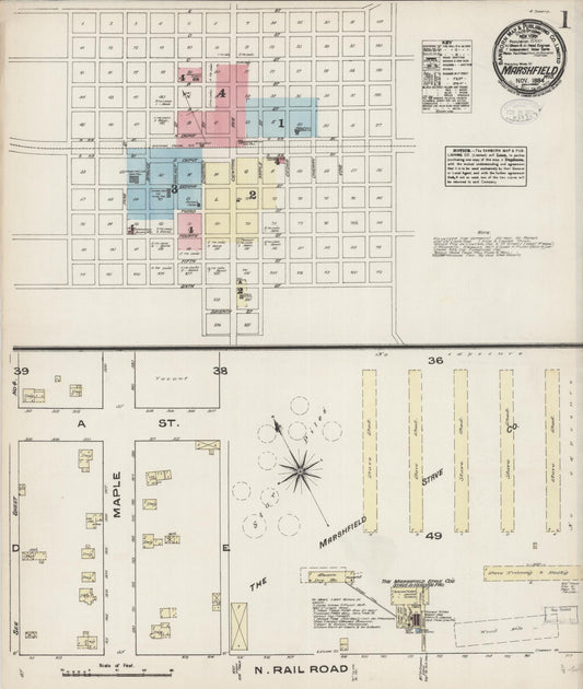 Sanborn Fire Insurance Map from Marshfield, Wood County, Wisconsin (1884), Sheet #0001 - Historic Sanborn Fire Insurance Map Print, vintage old map wall art, antique decor, genealogy gift, Wisconsin Wisconsin map