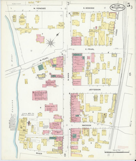 Sanborn Fire Insurance Map from Wellsville, Allegany County, New York (1909), Sheet #0005 - Historic Sanborn Fire Insurance Map Print, vintage old map wall art, antique decor, genealogy gift, New York New York map