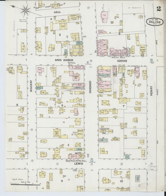 Sanborn Fire Insurance Map from Saline, Washtenaw County, Michigan (1888), Sheet #0002 - Historic Sanborn Fire Insurance Map Print, vintage old map wall art, antique decor, genealogy gift, Michigan Michigan map