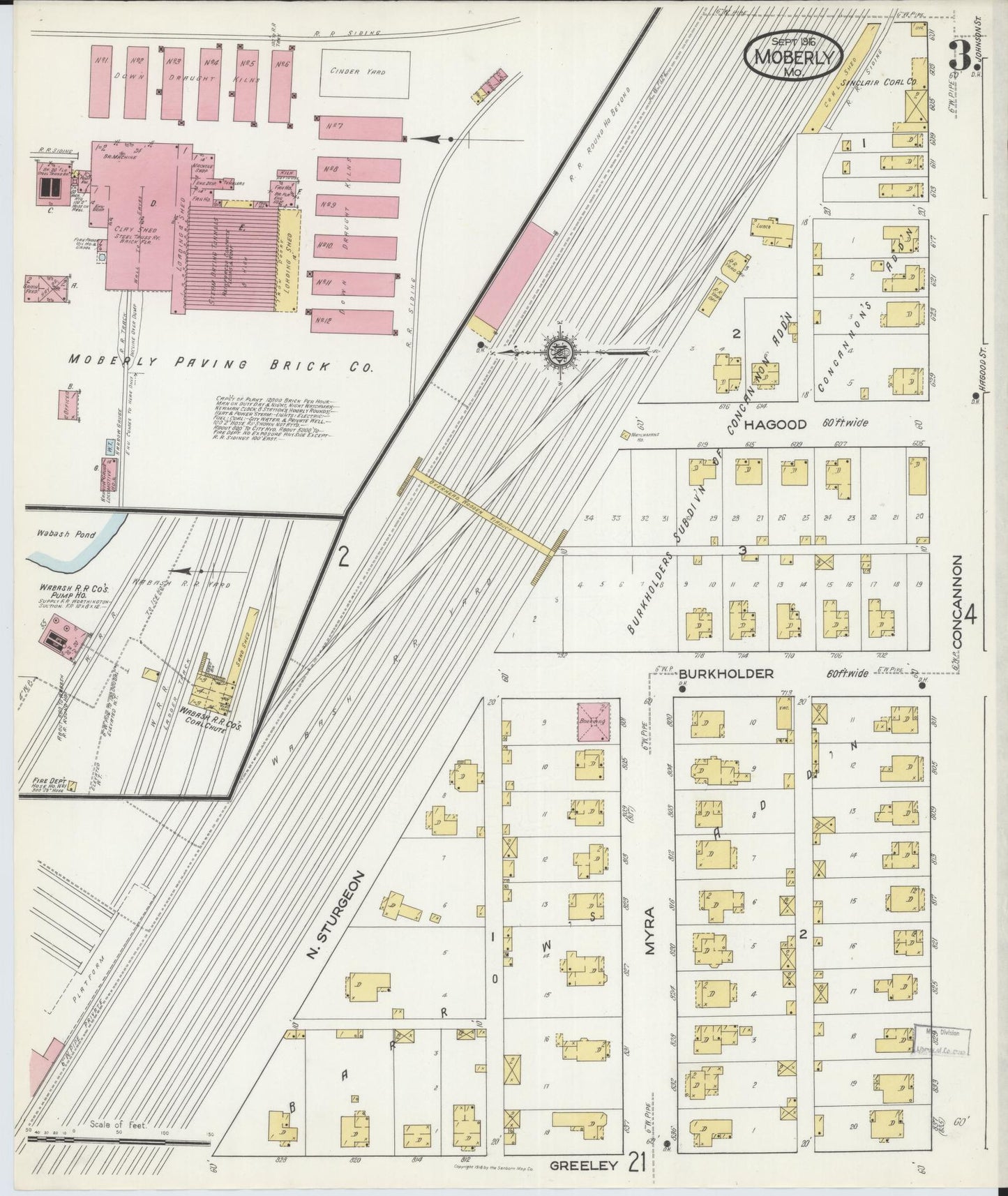 Sanborn Fire Insurance Map from Moberly, Randolph County, Missouri (1916), Sheet #0003 - Historic Sanborn Fire Insurance Map Print, vintage old map wall art, antique decor, genealogy gift, Missouri Missouri map