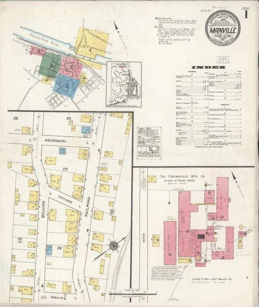 Sanborn Fire Insurance Map from Manville, Providence County, Rhode Island (1921), Sheet #0001 - Historic Sanborn Fire Insurance Map Print, vintage old map wall art, antique decor, genealogy gift, Rhode Island Rhode Island map
