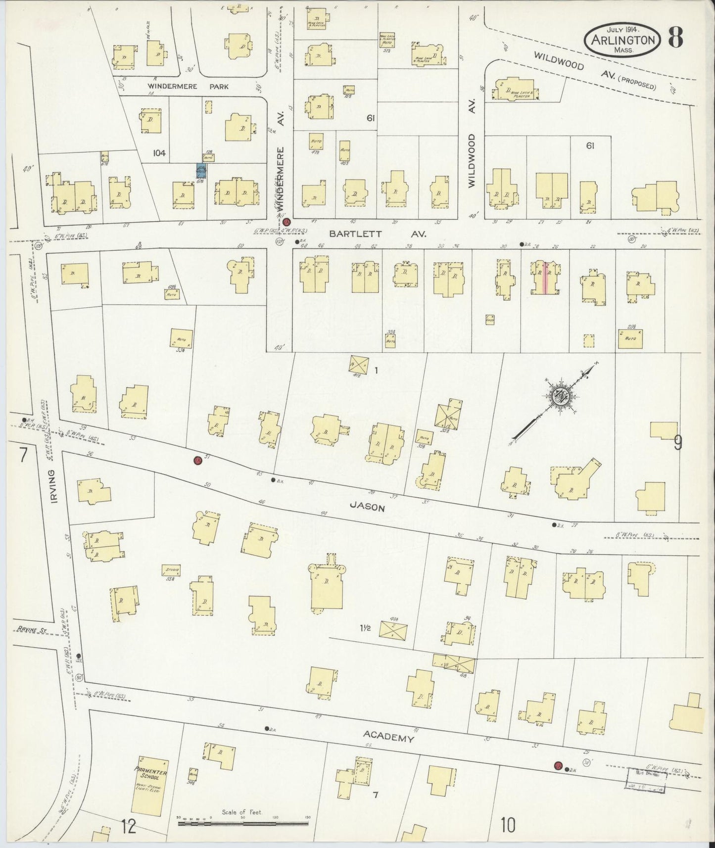 Sanborn Fire Insurance Map from Arlington, Middlesex County, Massachusetts (1914), Sheet #0008 - Complete Map Set gallery image, historic Sanborn map, vintage wall art, Massachusetts Massachusetts