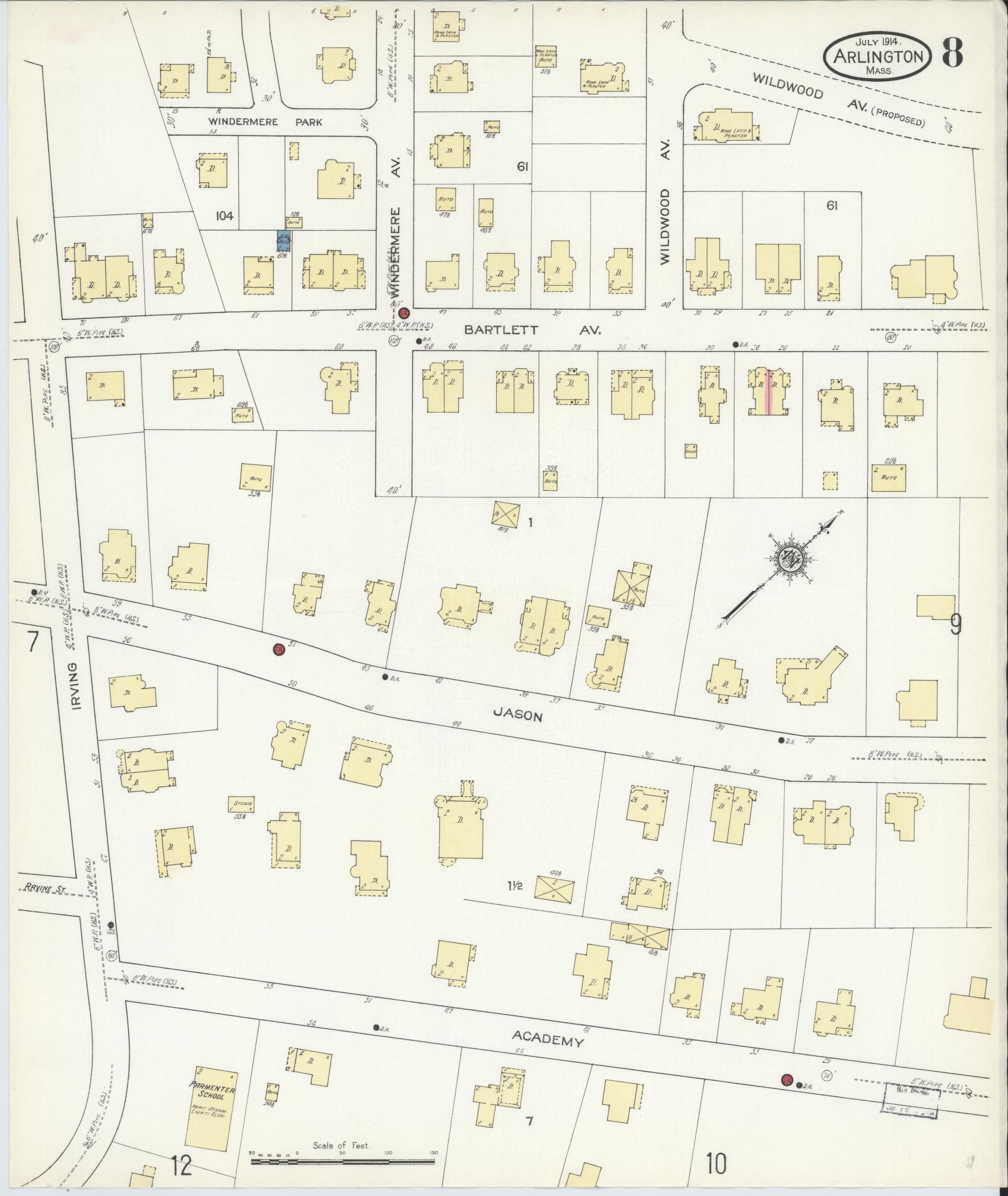 Sanborn Fire Insurance Map from Arlington, Middlesex County, Massachusetts (1914), Sheet #0008 - Complete Map Set gallery image, historic Sanborn map, vintage wall art, Massachusetts Massachusetts