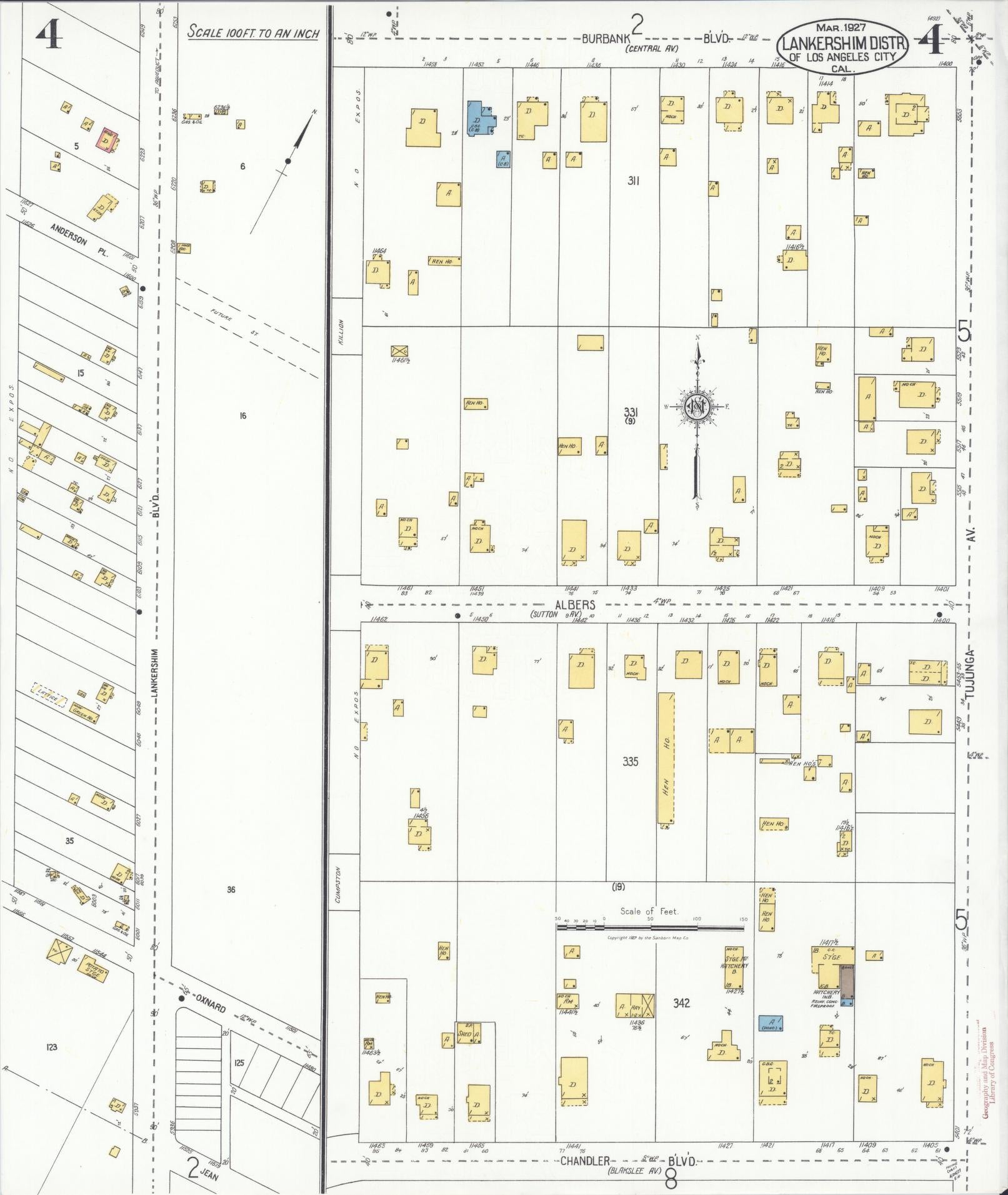 Sanborn Fire Insurance Map from Lankershim, Los Angeles County, California (1927), Sheet #0004 - Historic Sanborn Fire Insurance Map Print, vintage old map wall art, antique decor, genealogy gift, California California map