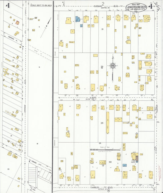 Sanborn Fire Insurance Map from Lankershim, Los Angeles County, California (1927), Sheet #0004 - Historic Sanborn Fire Insurance Map Print, vintage old map wall art, antique decor, genealogy gift, California California map