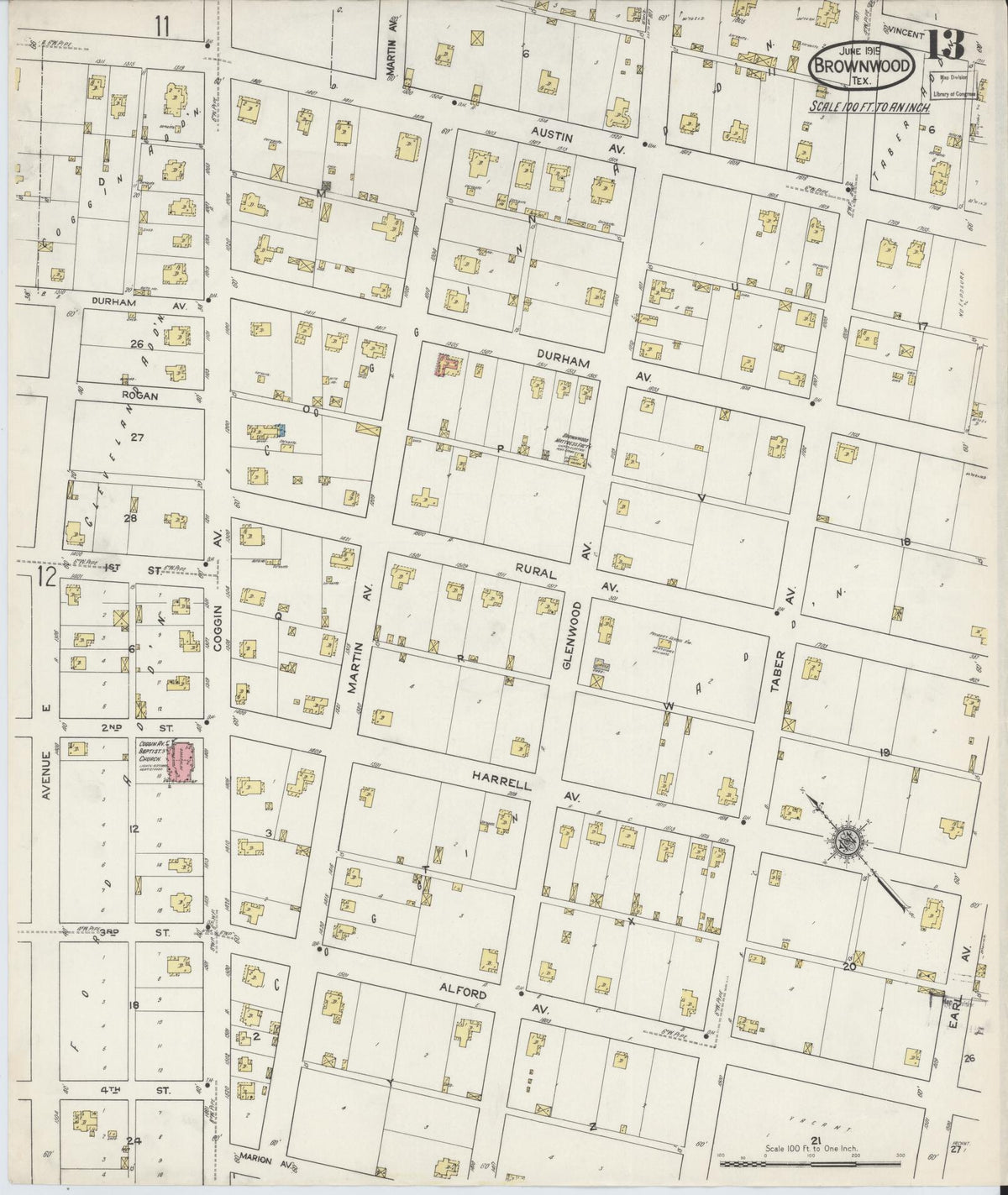 Sanborn Fire Insurance Map from Brownwood, Brown County, Texas (1915), Sheet #0013 - Complete Map Set gallery image, historic Sanborn map, vintage wall art, Texas Texas