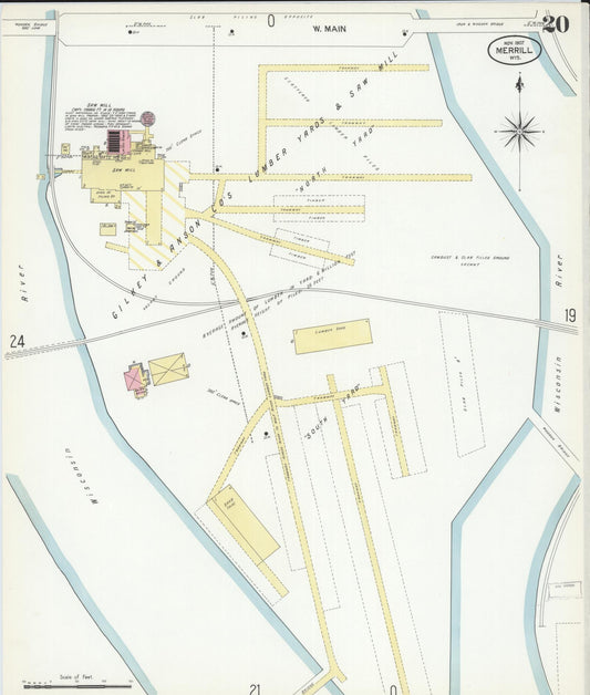 Sanborn Fire Insurance Map from Merrill, Lincoln County, Wisconsin (1907), Sheet #0020 - Historic Sanborn Fire Insurance Map Print, vintage old map wall art, antique decor, genealogy gift, Wisconsin Wisconsin map