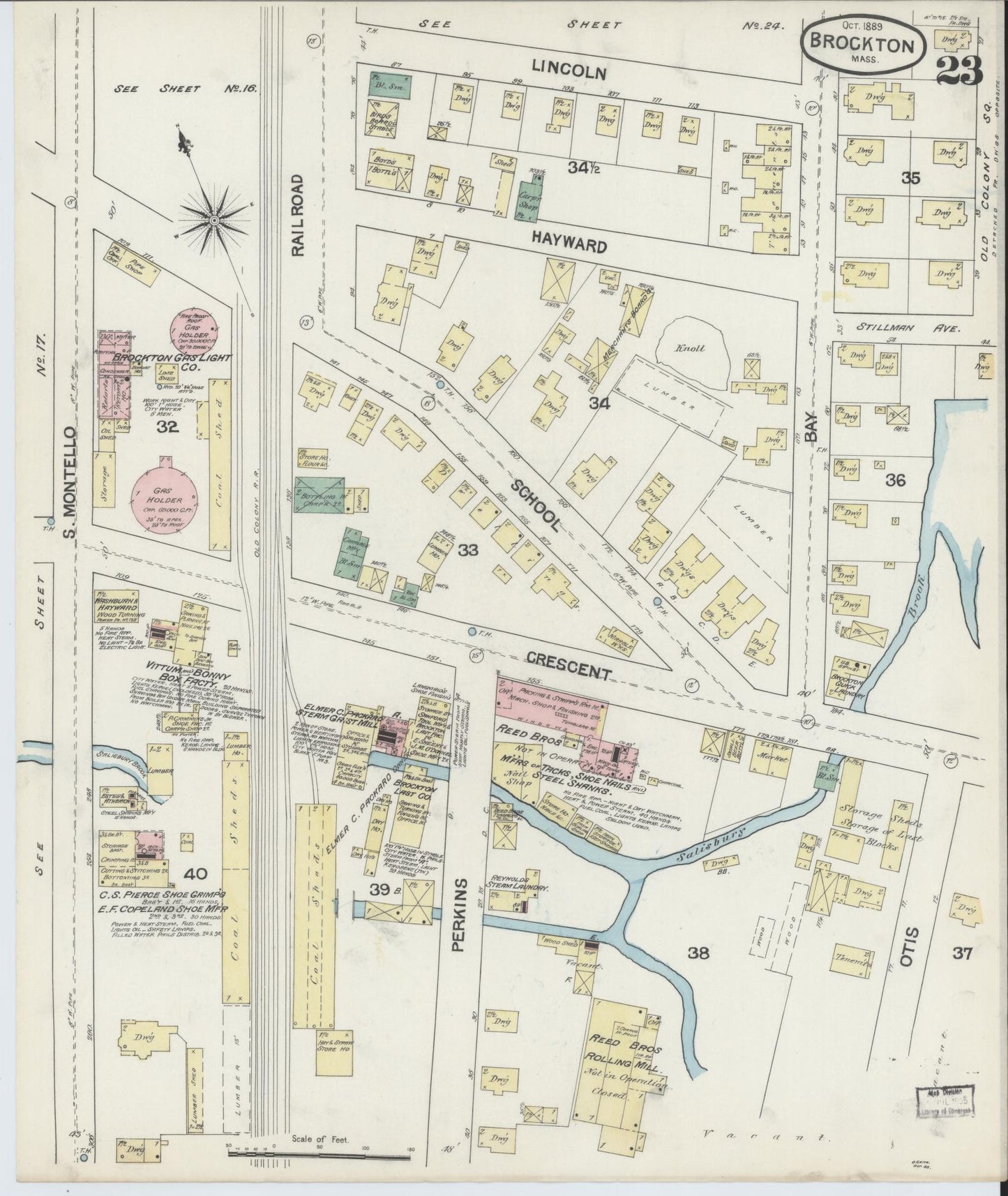 Sanborn Fire Insurance Map from Brockton, Plymouth County, Massachusetts (1889), Sheet #0023 - Complete Map Set gallery image, historic Sanborn map, vintage wall art, Massachusetts Massachusetts