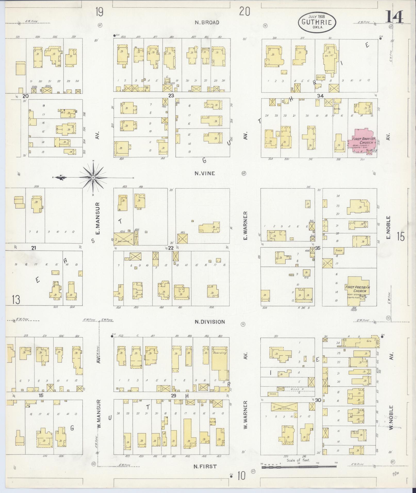 Sanborn Fire Insurance Map from Guthrie, Logan County, Oklahoma (1908), Sheet #0014 - Historic Sanborn Fire Insurance Map Print, vintage old map wall art, antique decor, genealogy gift, Oklahoma Oklahoma map
