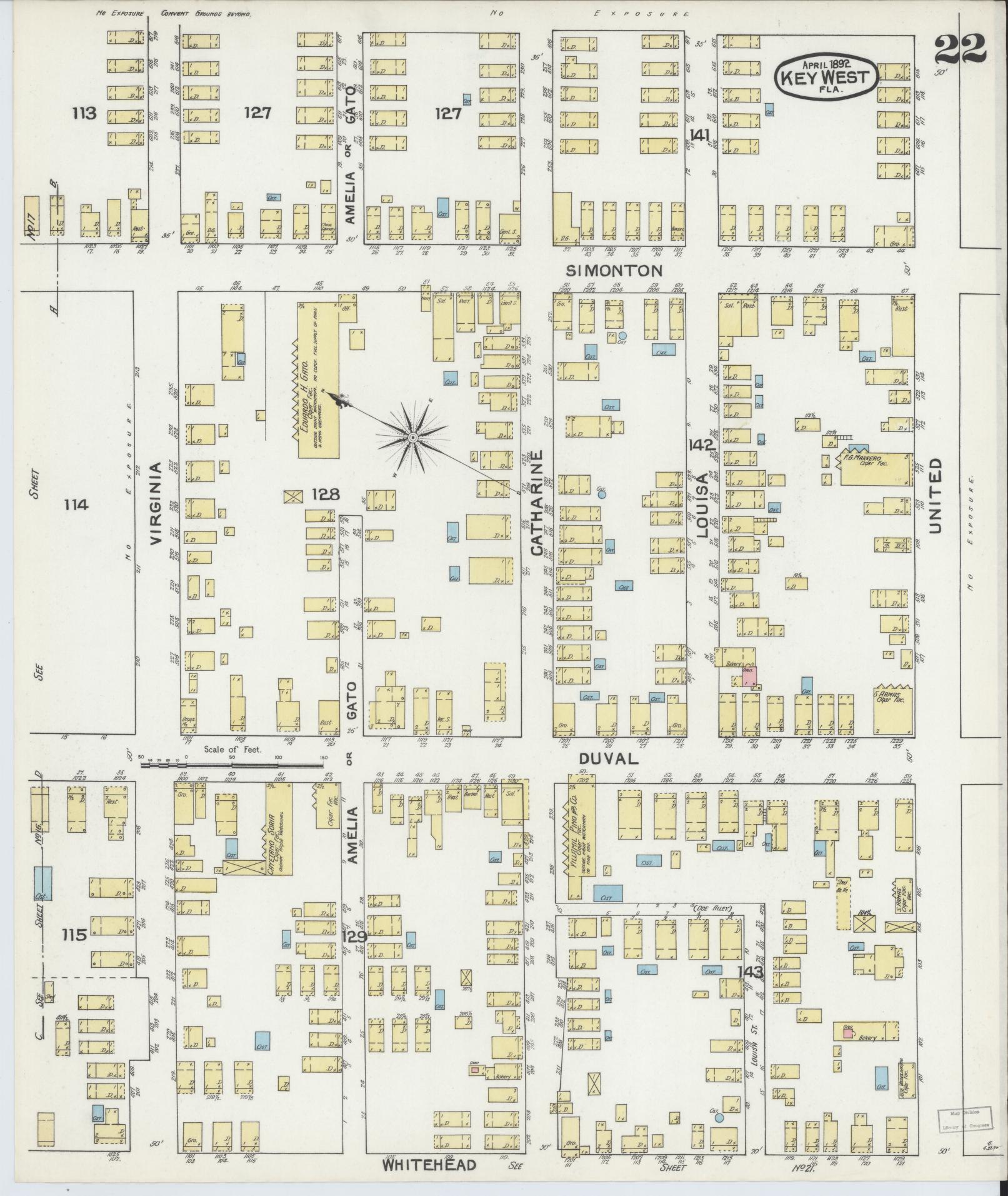 Sanborn Fire Insurance Map from Key West, Monroe County, Florida (1892), Sheet #0022 - Historic Sanborn Fire Insurance Map Print, vintage old map wall art, antique decor, genealogy gift, Florida Florida map