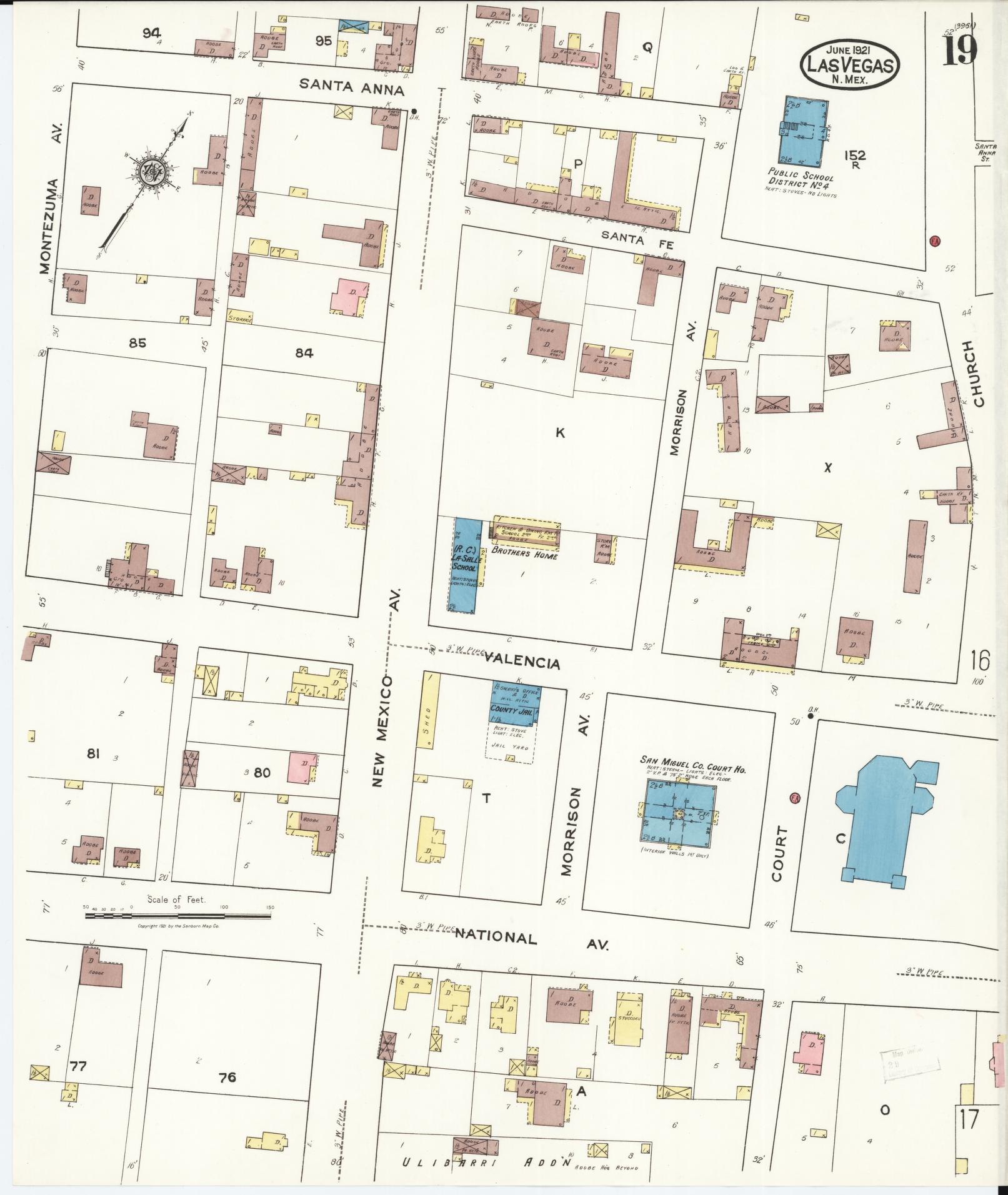 Sanborn Fire Insurance Map from Las Vegas, San Miguel County, New Mexico (1921), Sheet #0019 - Historic Sanborn Fire Insurance Map Print, vintage old map wall art, antique decor, genealogy gift, New Mexico New Mexico map