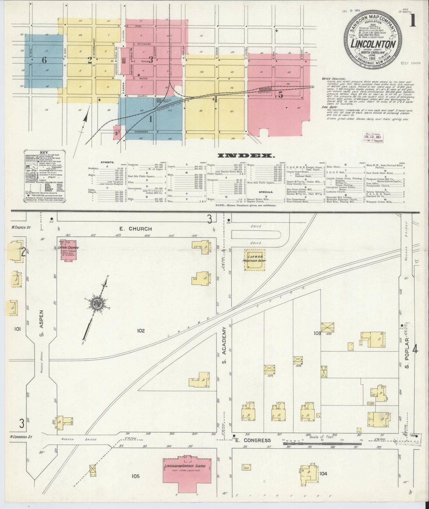 Sanborn Fire Insurance Map from Lincolnton, Lincoln County, North Carolina (1911), Sheet #0001 - Complete Map Set gallery image, historic Sanborn map, vintage wall art, North Carolina North Carolina