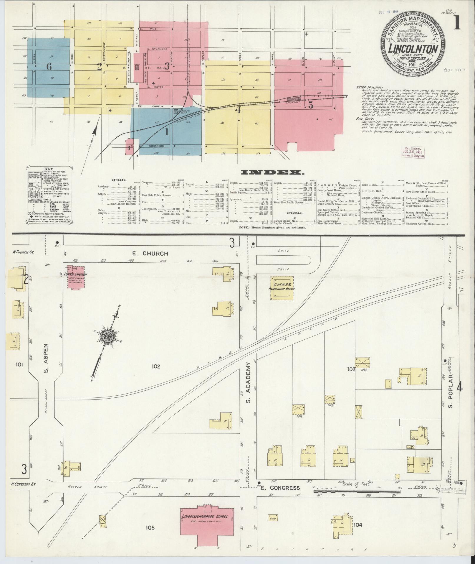 Sanborn Fire Insurance Map from Lincolnton, Lincoln County, North Carolina (1911), Sheet #0001 - Complete Map Set gallery image, historic Sanborn map, vintage wall art, North Carolina North Carolina