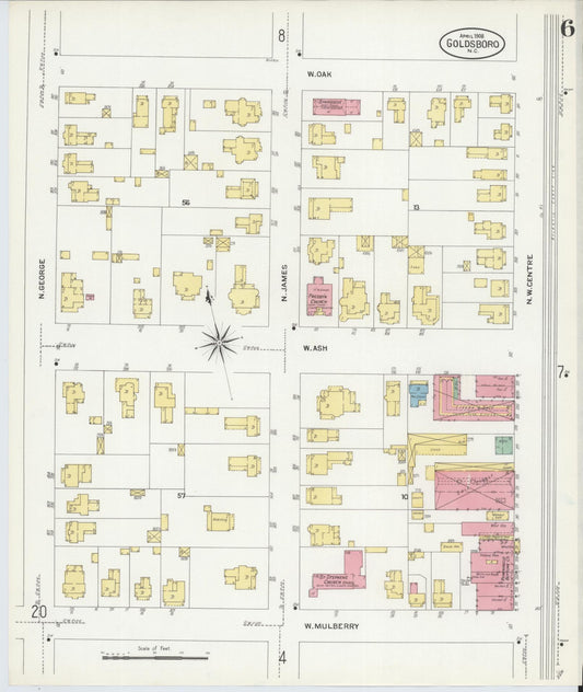 Sanborn Fire Insurance Map from Goldsboro, Wayne County, North Carolina (1908), Sheet #0006 - Historic Sanborn Fire Insurance Map Print, vintage old map wall art, antique decor, genealogy gift, North Carolina North Carolina map