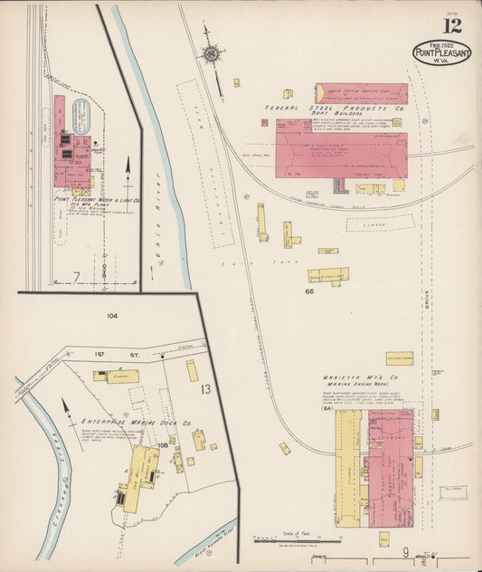 Sanborn Fire Insurance Map from Point Pleasant, Mason County, West Virginia (1922), Sheet #0012 - Historic Sanborn Fire Insurance Map Print, vintage old map wall art, antique decor, genealogy gift, West Virginia West Virginia map