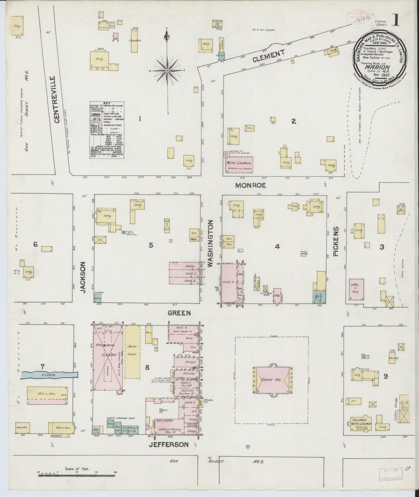 Sanborn Fire Insurance Map from Marion, Perry County, Alabama (1889), Sheet #0001 - Complete Map Set gallery image, historic Sanborn map, vintage wall art, Alabama Alabama