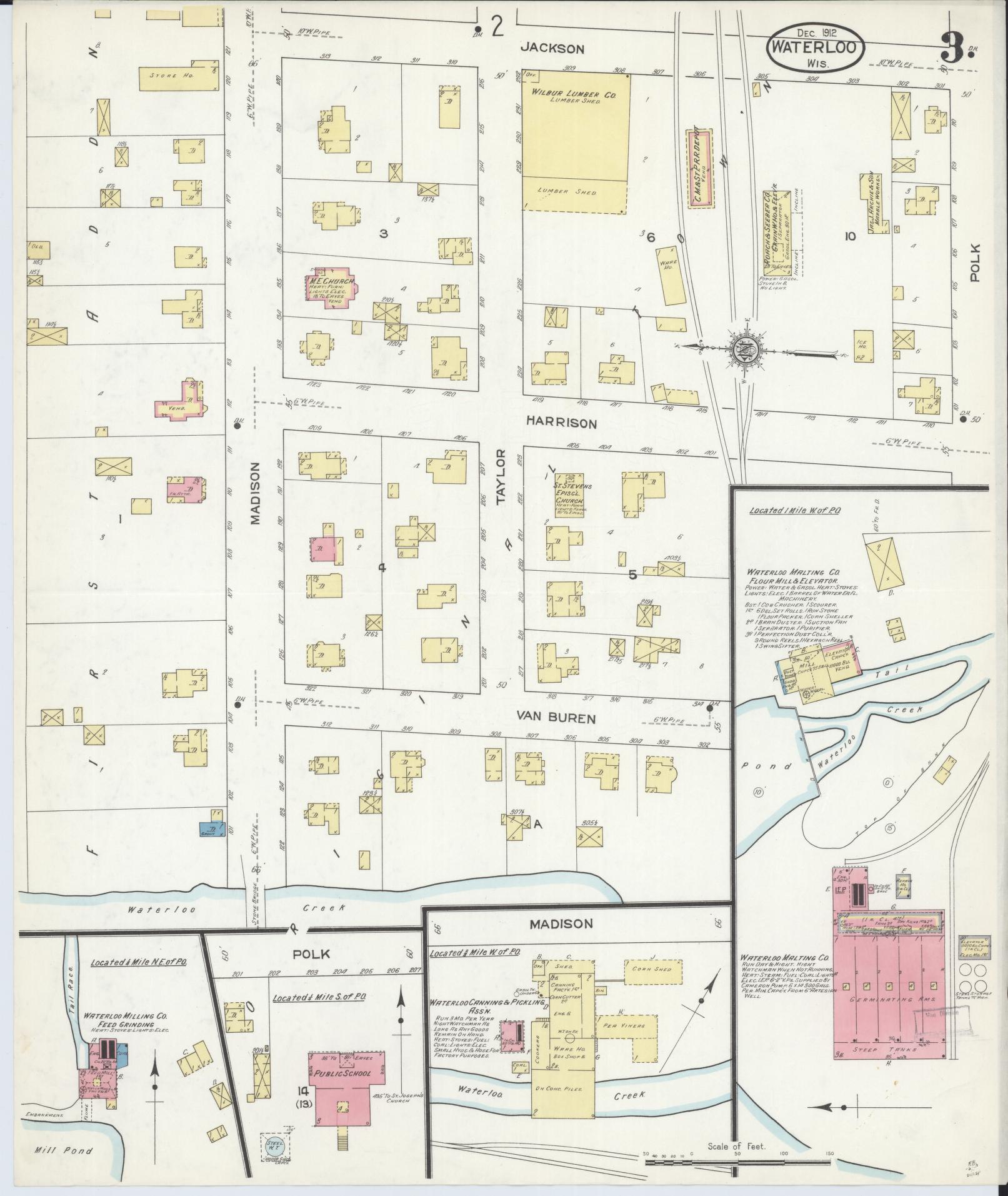 Sanborn Fire Insurance Map from Waterloo, Jefferson County, Wisconsin (1912), Sheet #0003 - Complete Map Set gallery image, historic Sanborn map, vintage wall art, Wisconsin Wisconsin