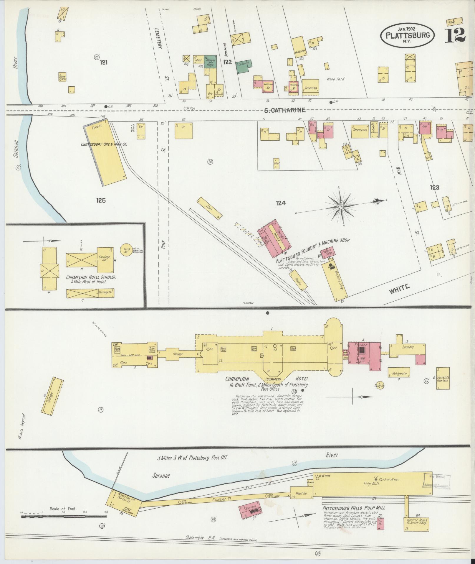Sanborn Fire Insurance Map from Plattsburg, Clinton County, New York (1902), Sheet #0012 - Historic Sanborn Fire Insurance Map Print, vintage old map wall art, antique decor, genealogy gift, New York New York map