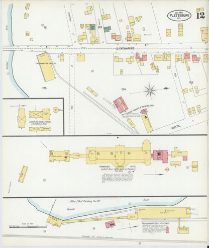 Sanborn Fire Insurance Map from Plattsburg, Clinton County, New York (1902), Sheet #0012 - Historic Sanborn Fire Insurance Map Print, vintage old map wall art, antique decor, genealogy gift, New York New York map