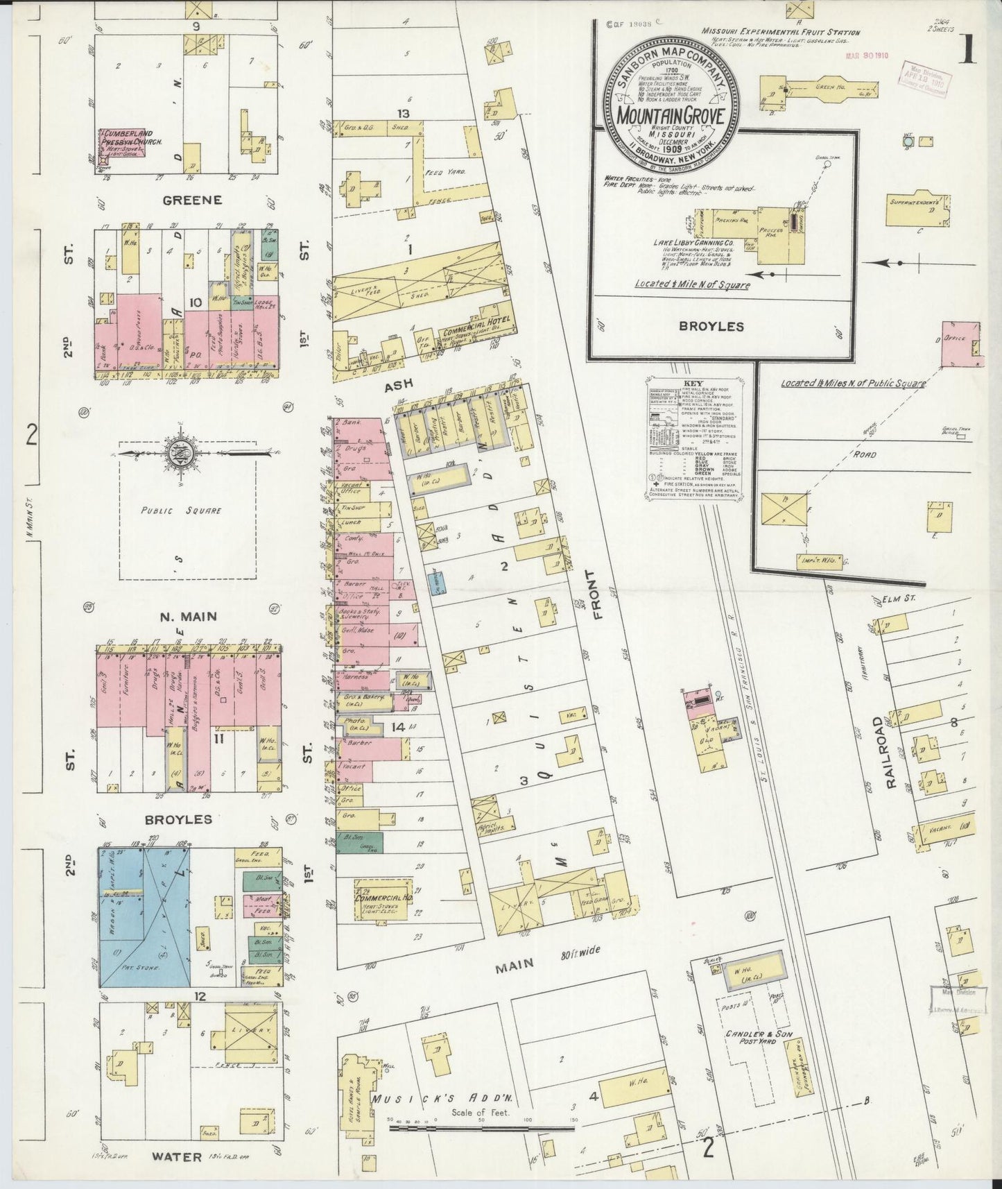 Sanborn Fire Insurance Map from Mountain Grove, Wright County, Missouri (1909), Sheet #0001 - Complete Map Set gallery image, historic Sanborn map, vintage wall art, Missouri Missouri