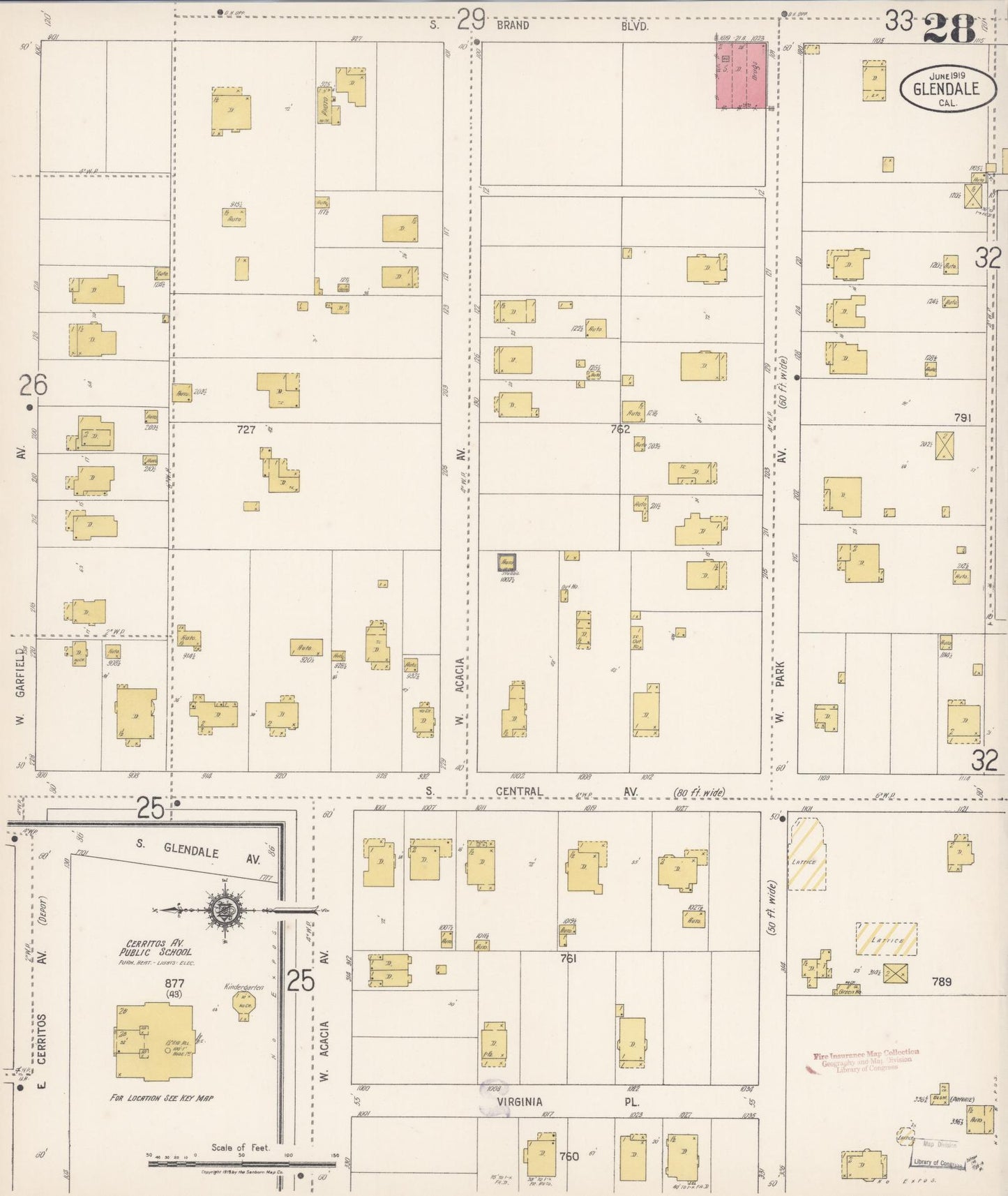Sanborn Fire Insurance Map from Glendale, Los Angeles County, California (1919), Sheet #0028 - Historic Sanborn Fire Insurance Map Print, vintage old map wall art, antique decor, genealogy gift, California California map