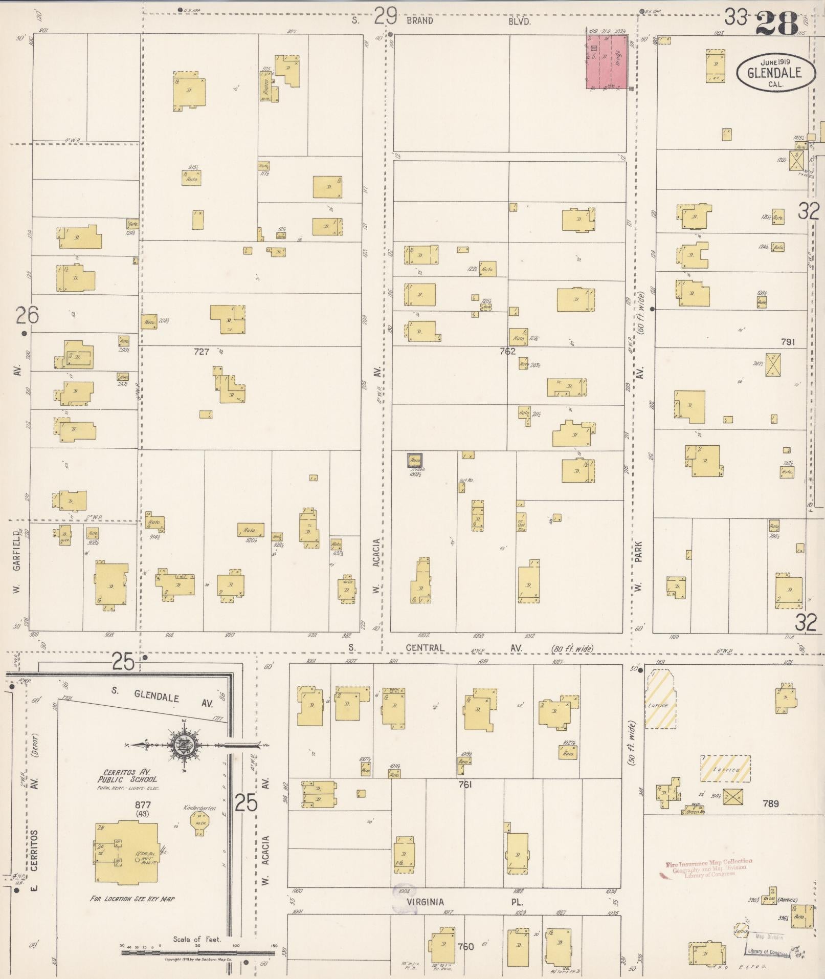Sanborn Fire Insurance Map from Glendale, Los Angeles County, California (1919), Sheet #0028 - Historic Sanborn Fire Insurance Map Print, vintage old map wall art, antique decor, genealogy gift, California California map