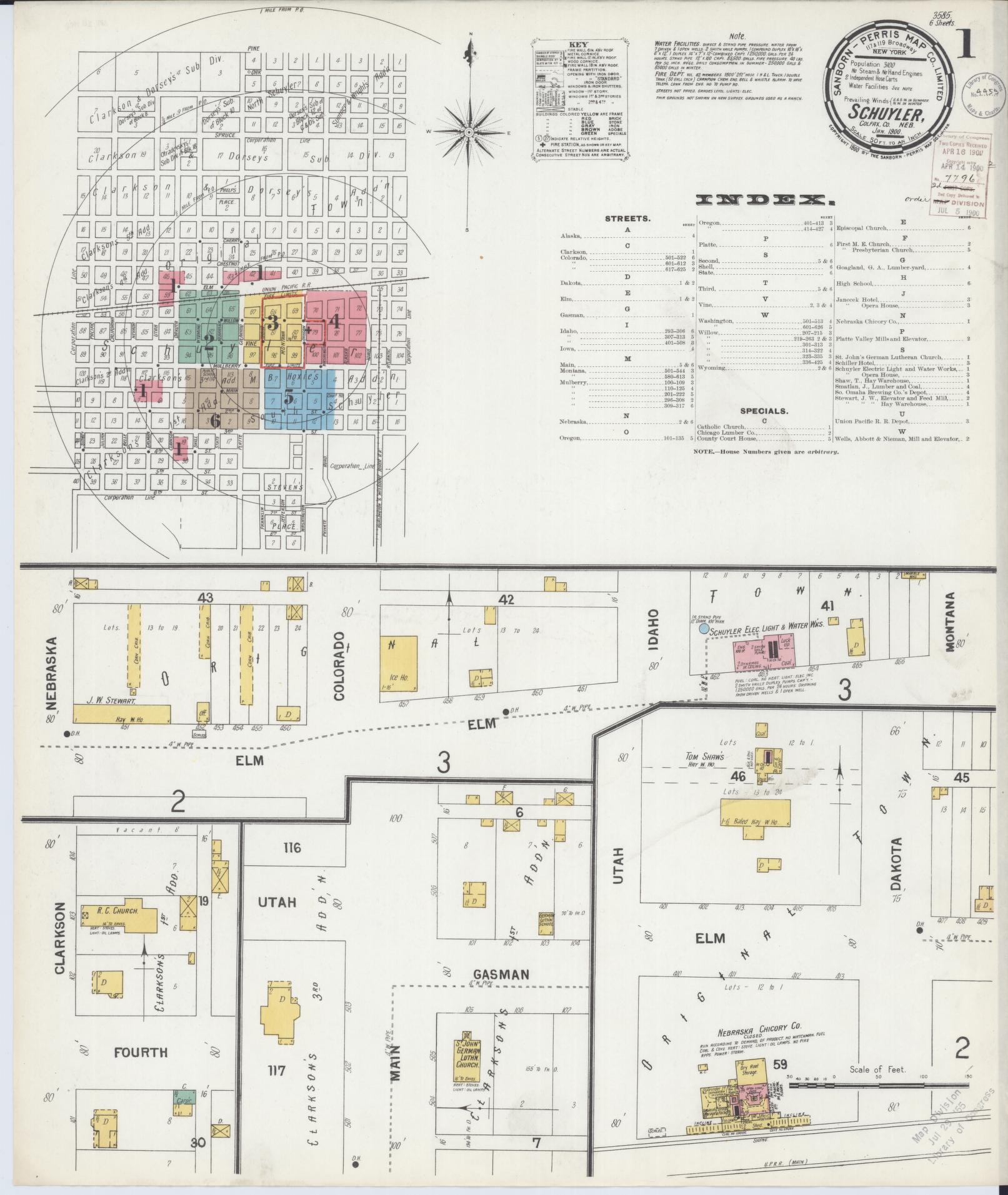 Sanborn Fire Insurance Map from Schuyler, Colfax County, Nebraska (1900), Sheet #0001 - Historic Sanborn Fire Insurance Map Print, vintage old map wall art, antique decor, genealogy gift, Nebraska Nebraska map