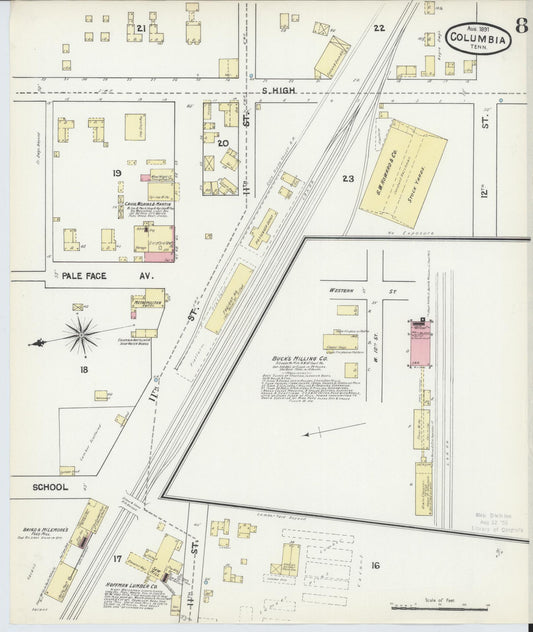 Sanborn Fire Insurance Map from Columbia, Maury County, Tennessee (1891), Sheet #0008 - Historic Sanborn Fire Insurance Map Print, vintage old map wall art, antique decor, genealogy gift, Tennessee Tennessee map