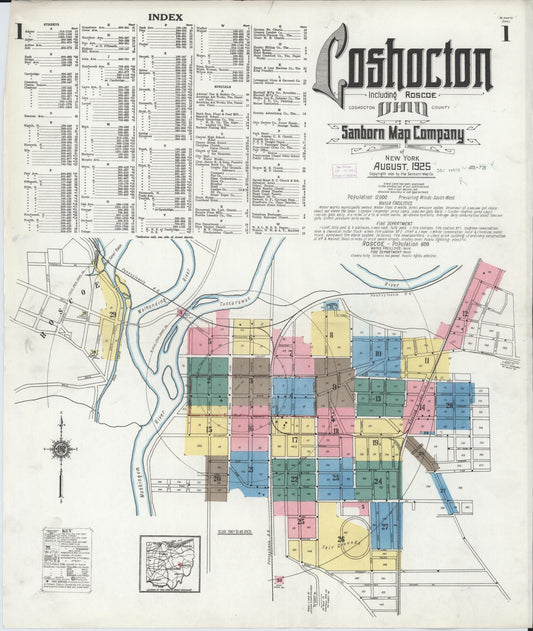 Sanborn Fire Insurance Map from Coshocton, Coshocton County, Ohio (1925), Sheet #0001 - Historic Sanborn Fire Insurance Map Print, vintage old map wall art, antique decor, genealogy gift, Ohio Ohio map