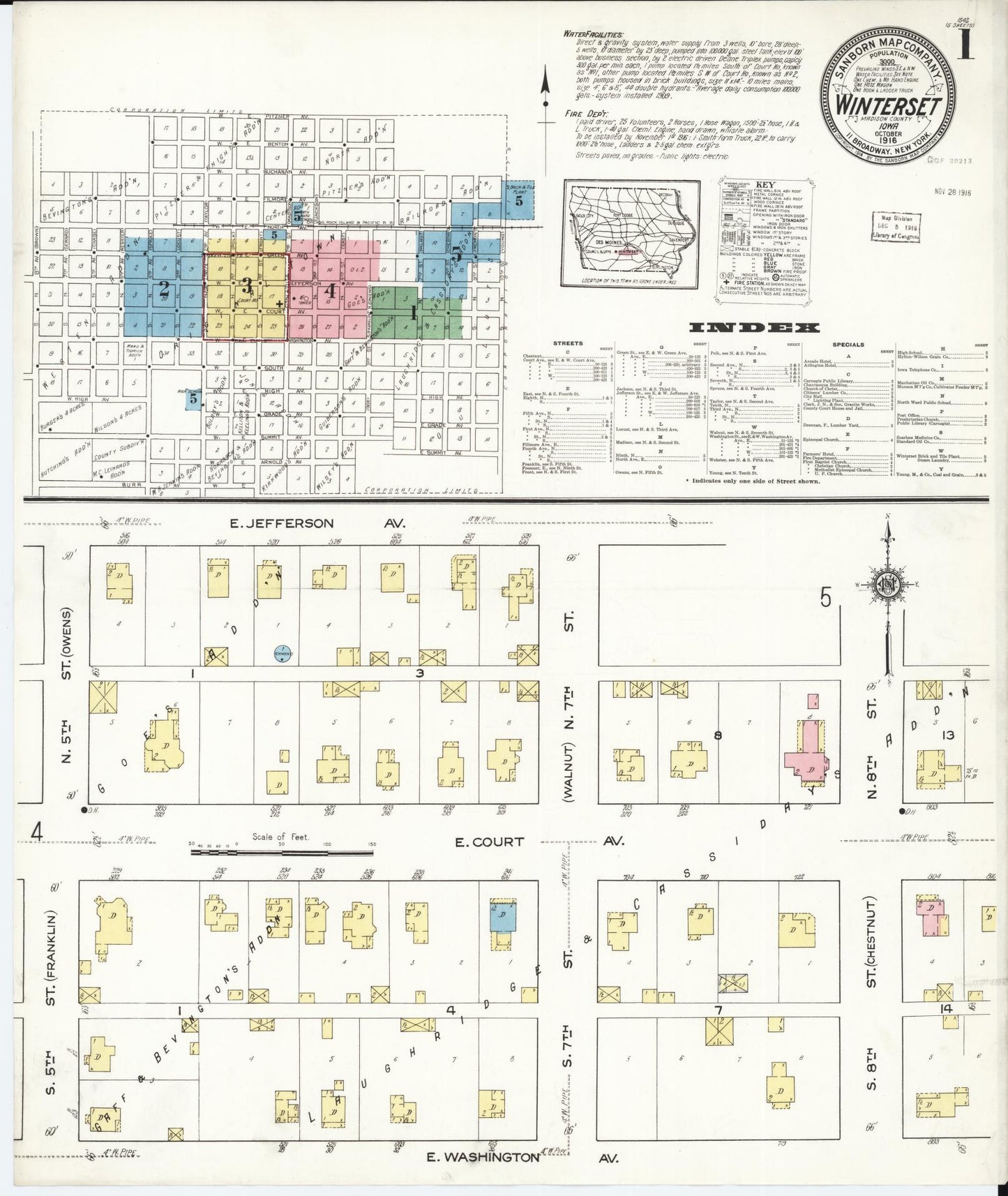 Sanborn Fire Insurance Map from Winterset, Madison County, Iowa (1916), Sheet #0001 - Historic Sanborn Fire Insurance Map Print