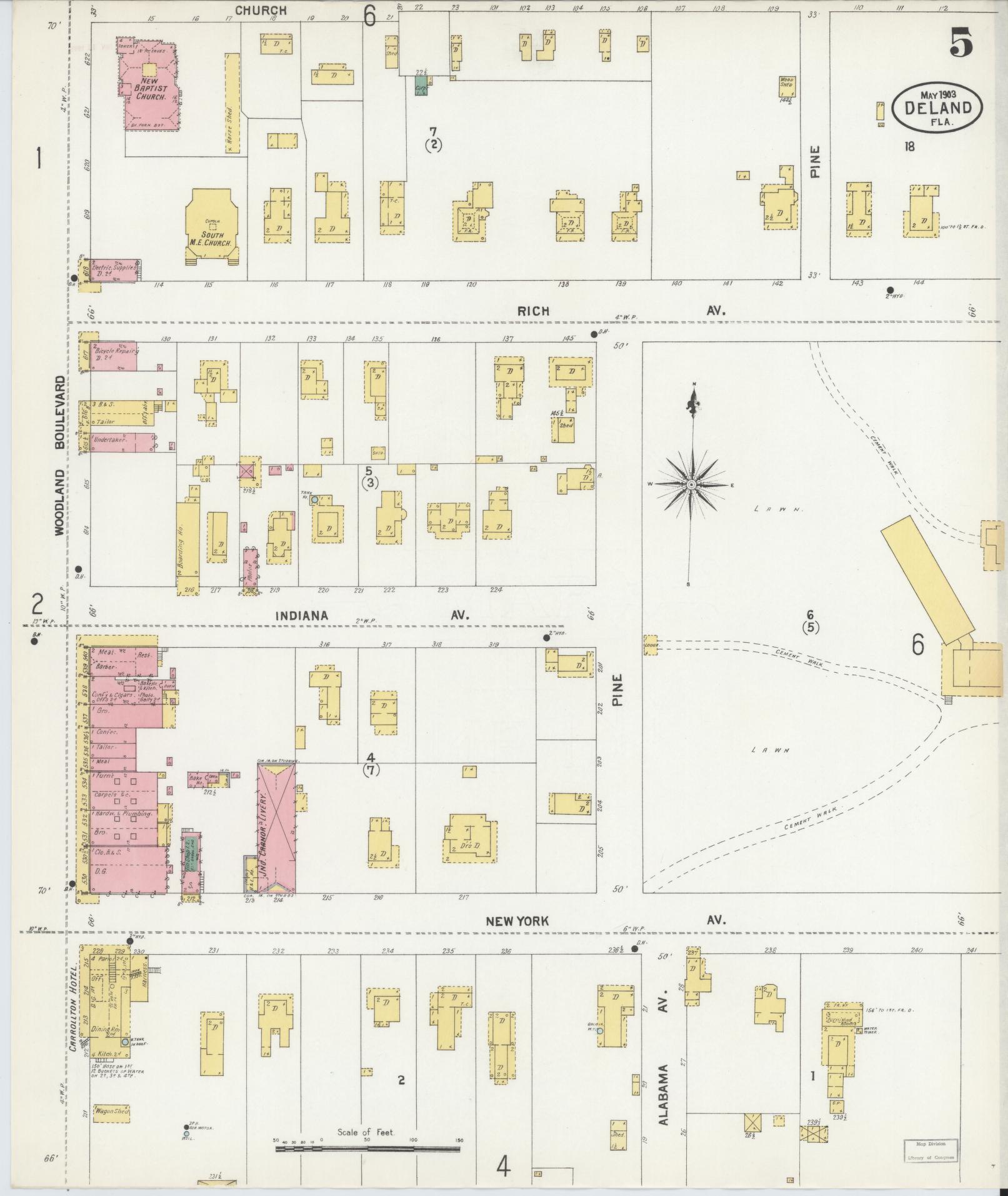 Sanborn Fire Insurance Map from De Land, Volusia County, Florida (1903), Sheet #0005 - Historic Sanborn Fire Insurance Map Print, vintage old map wall art, antique decor, genealogy gift, Florida Florida map
